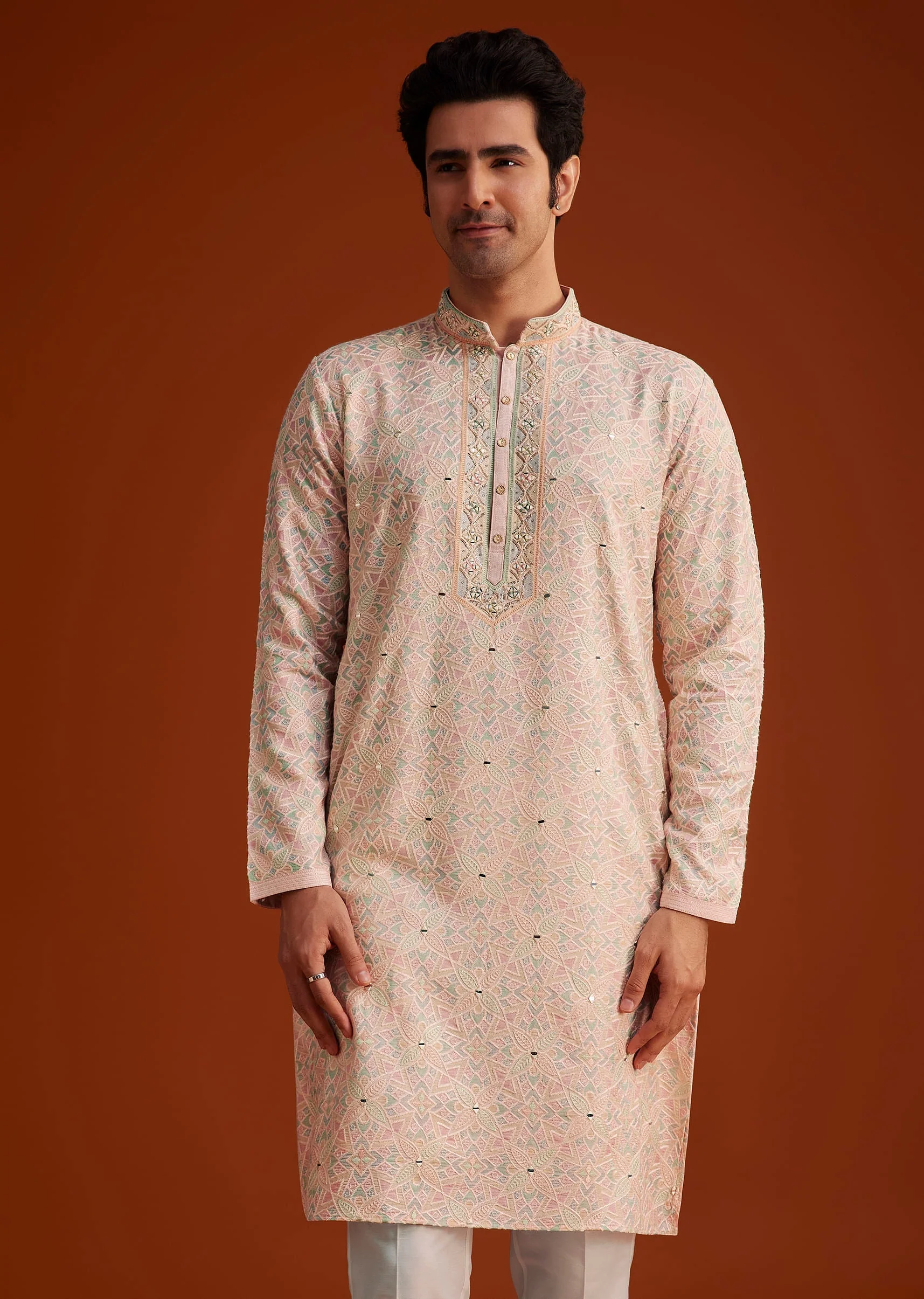 Peach Embroidered Silk Kurta Set With Resham Work - Image 4