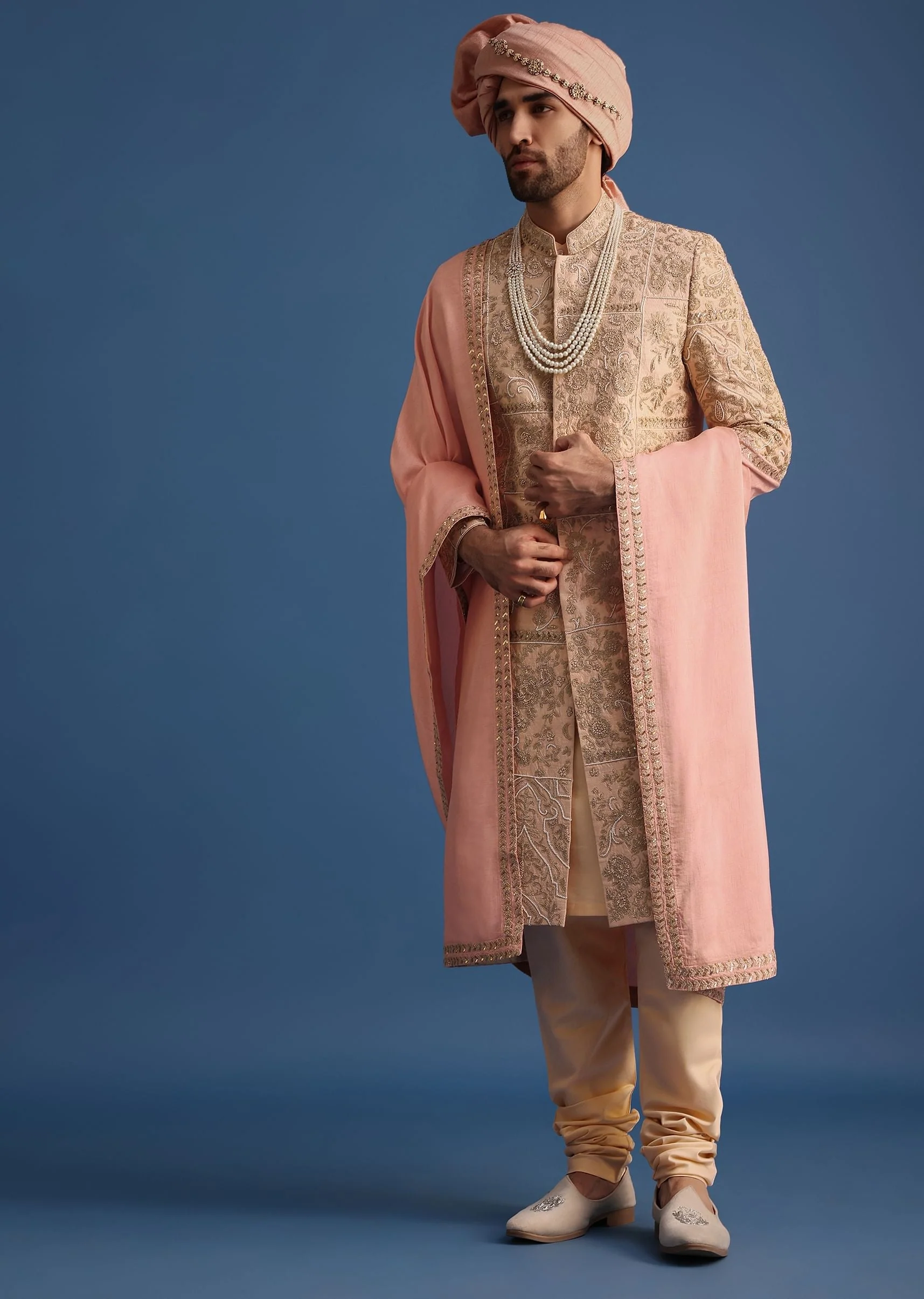 Peach Embroidered Silk Sherwani Suit - Image 3