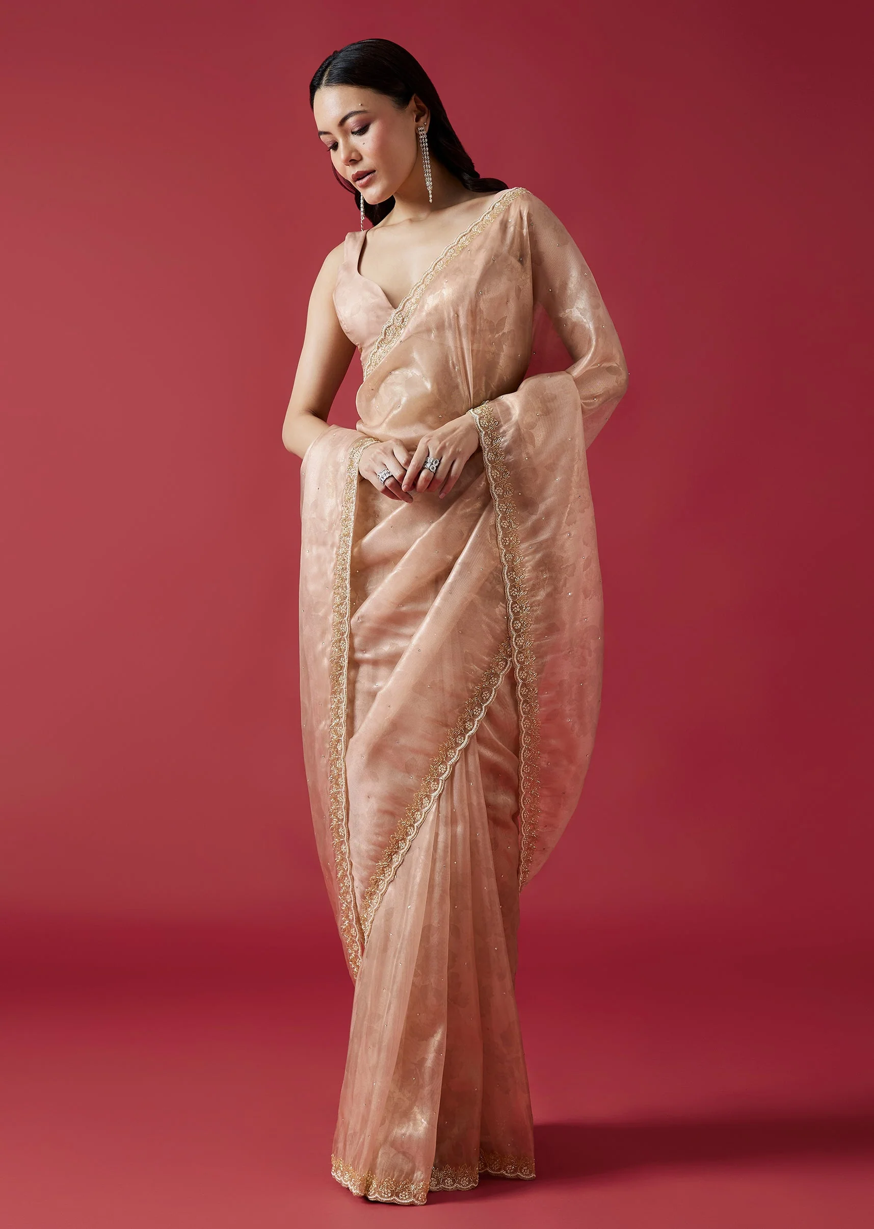 Peach Embroidered Tissue Organza Jacquard Saree With Scallop Border - Image 3