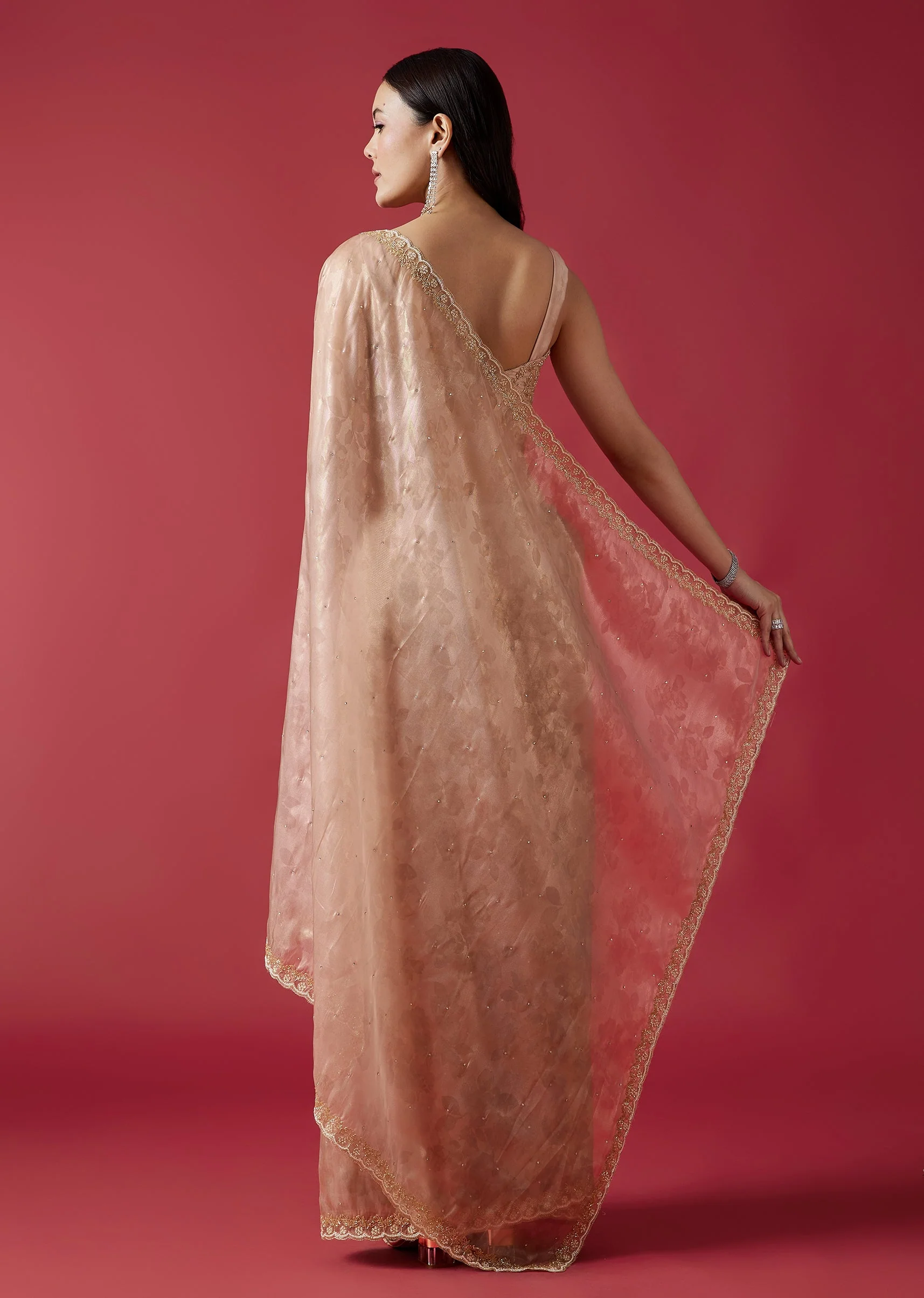 Peach Embroidered Tissue Organza Jacquard Saree With Scallop Border - Image 4