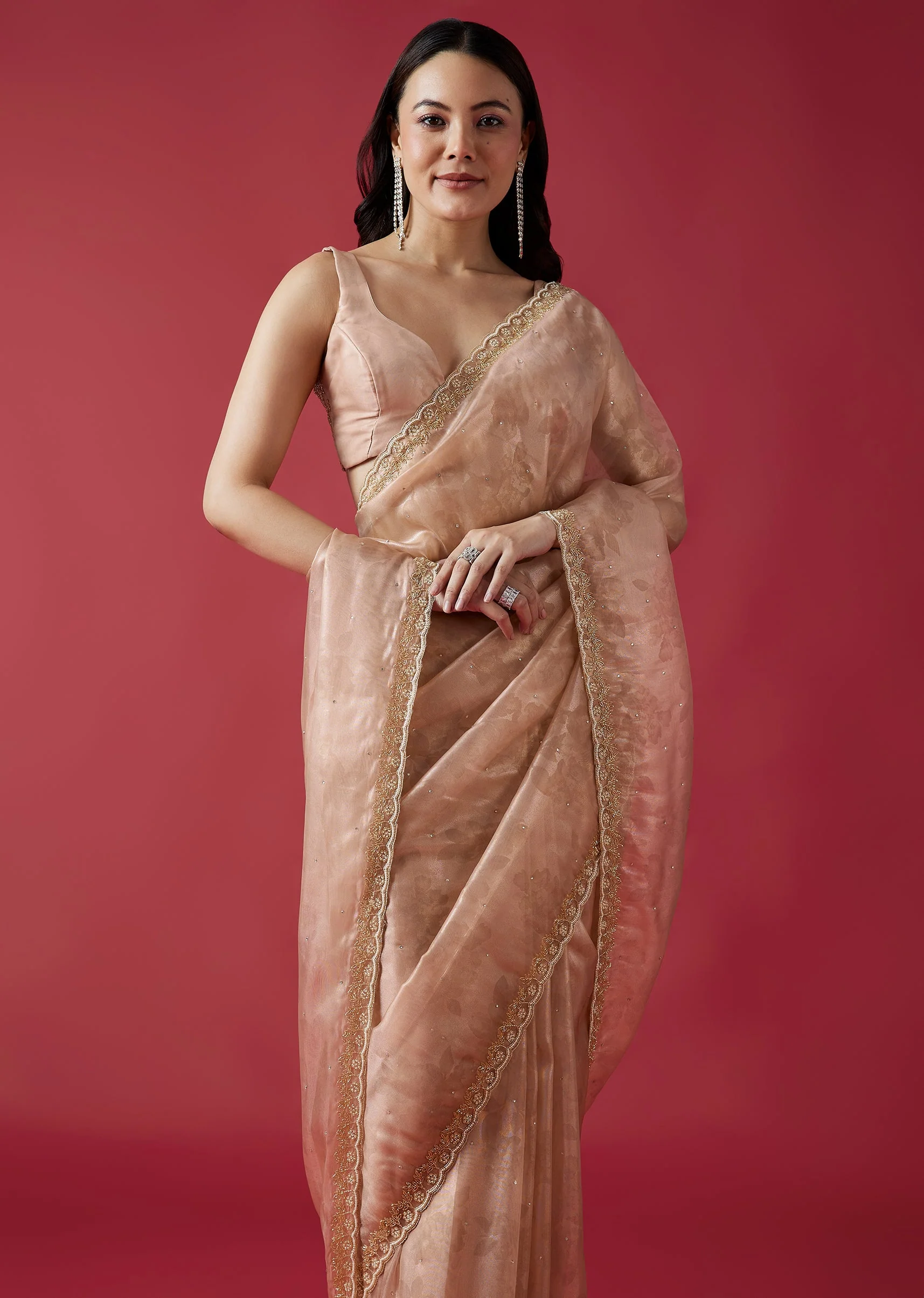 Peach Embroidered Tissue Organza Jacquard Saree With Scallop Border - Image 5