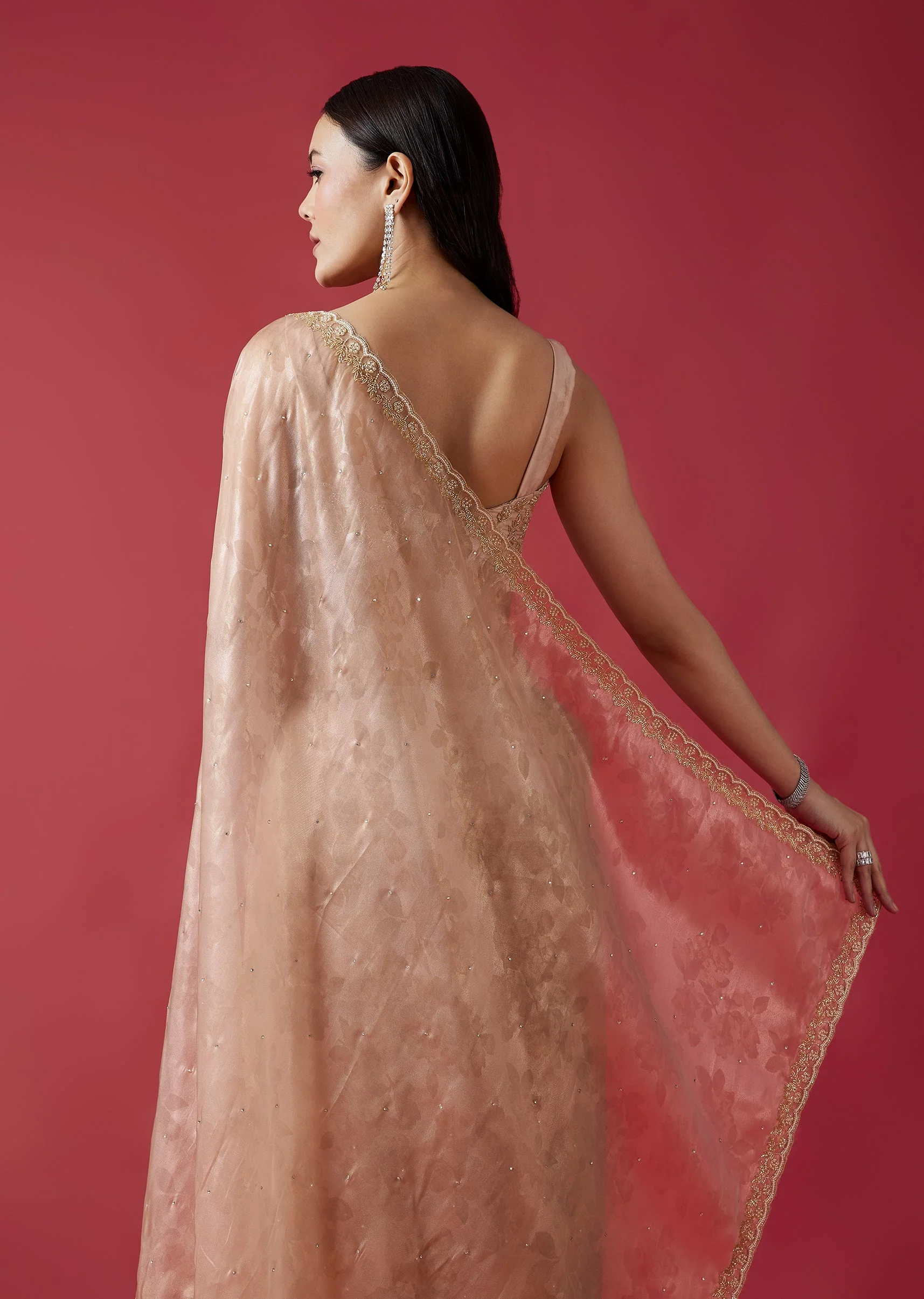 Peach Embroidered Tissue Organza Jacquard Saree With Scallop Border - Image 6