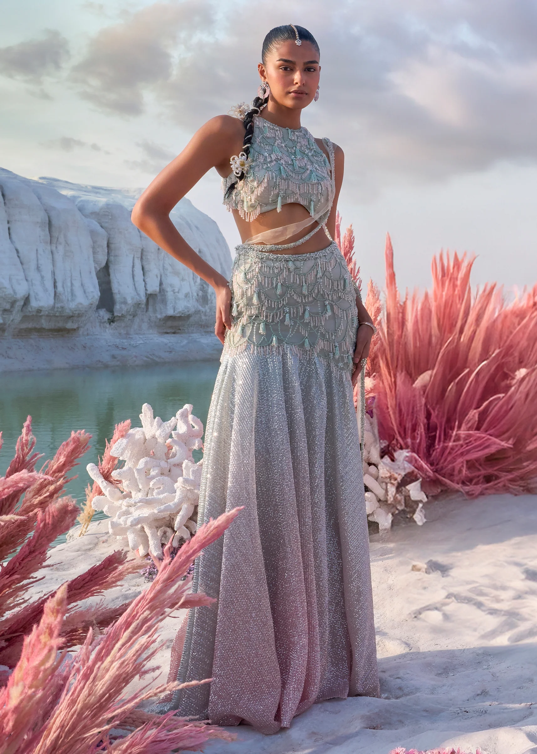 Peach Fish Cut Lehenga Set With Attached Dupatta