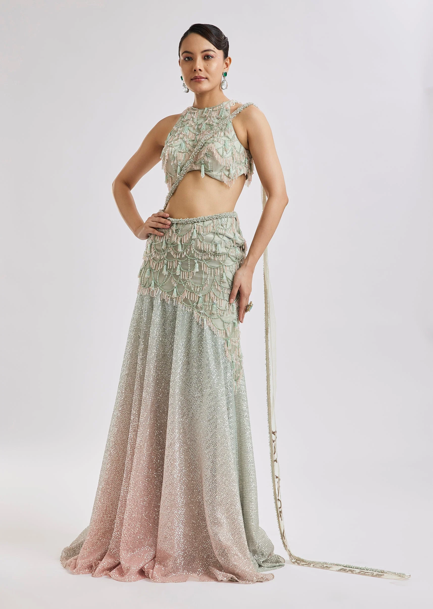Peach Fish Cut Lehenga Set With Attached Dupatta - Image 4