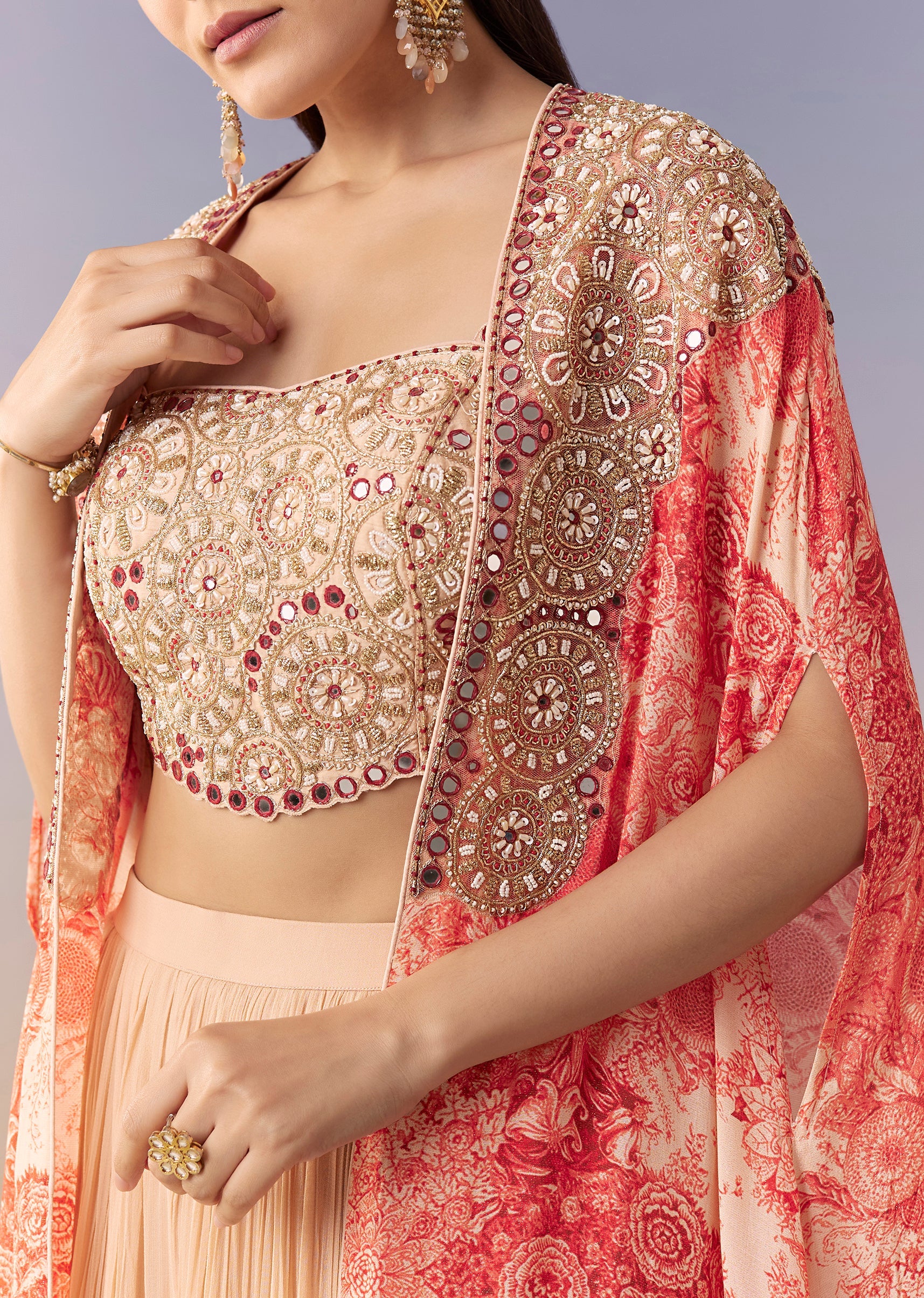 Peach Floral Cape Crop Top Set With Palazzo - Image 2