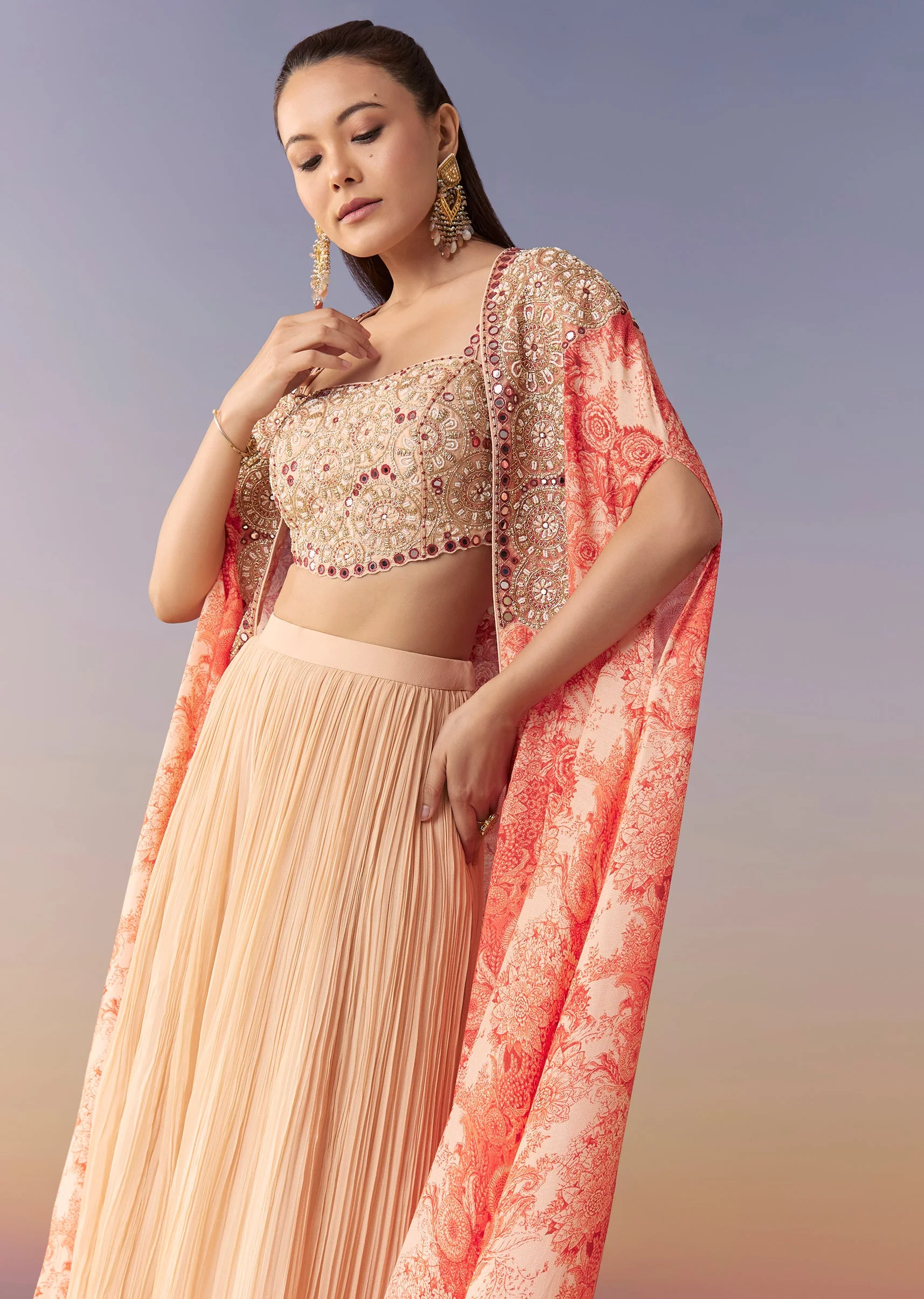 Peach Floral Cape Crop Top Set With Palazzo - Image 4