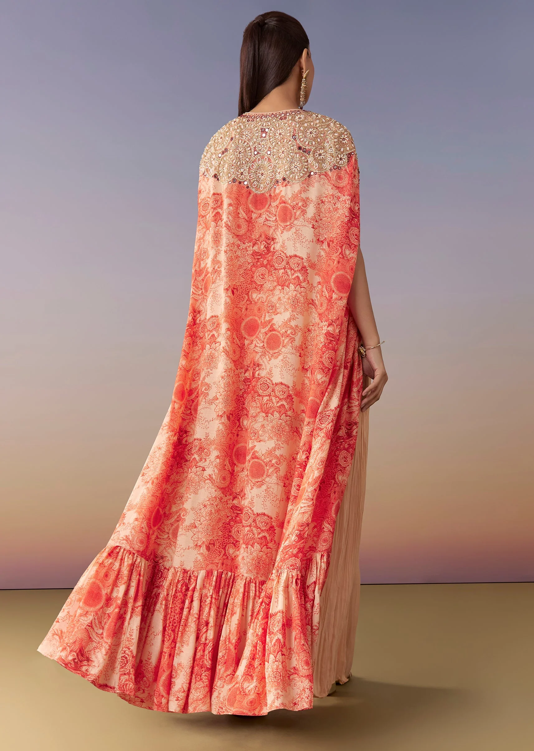 Peach Floral Cape Crop Top Set With Palazzo - Image 5