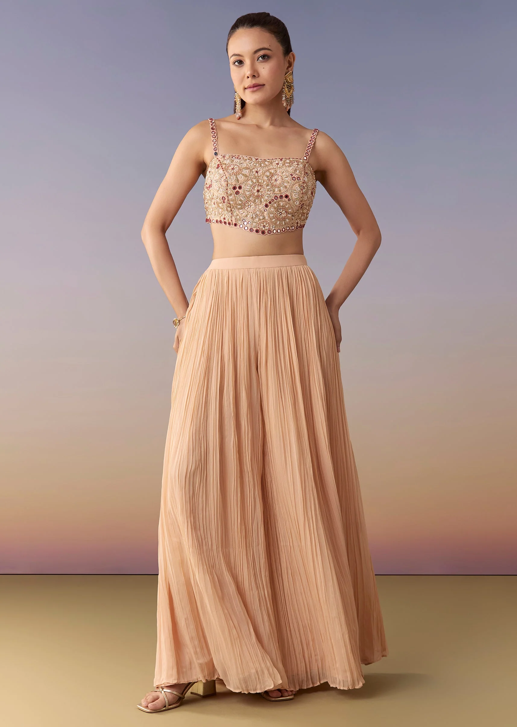 Peach Floral Cape Crop Top Set With Palazzo - Image 6