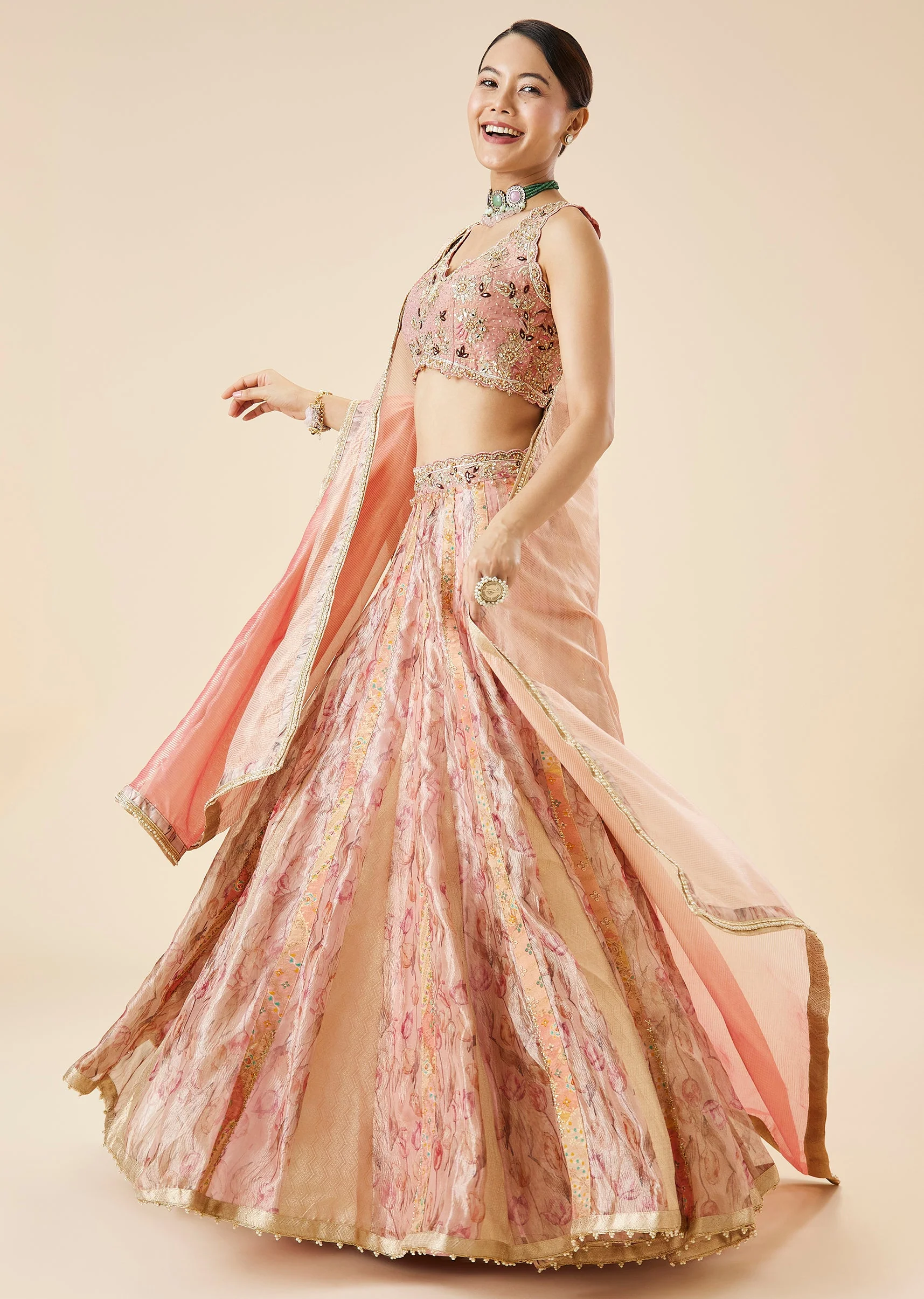 Peach Floral Printed And Embroidered Bridal Lehenga Set