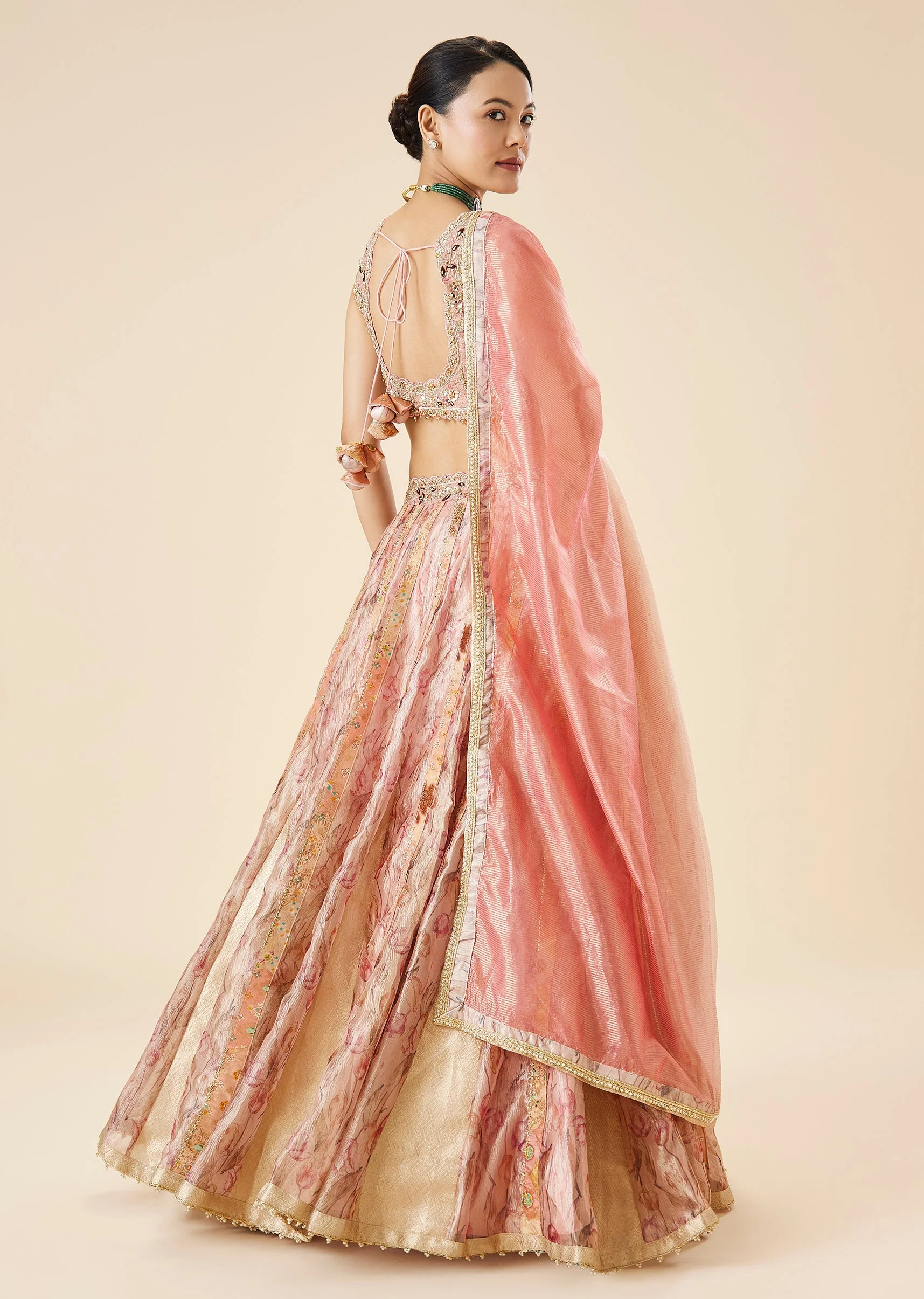 Peach Floral Printed And Embroidered Bridal Lehenga Set - Image 2