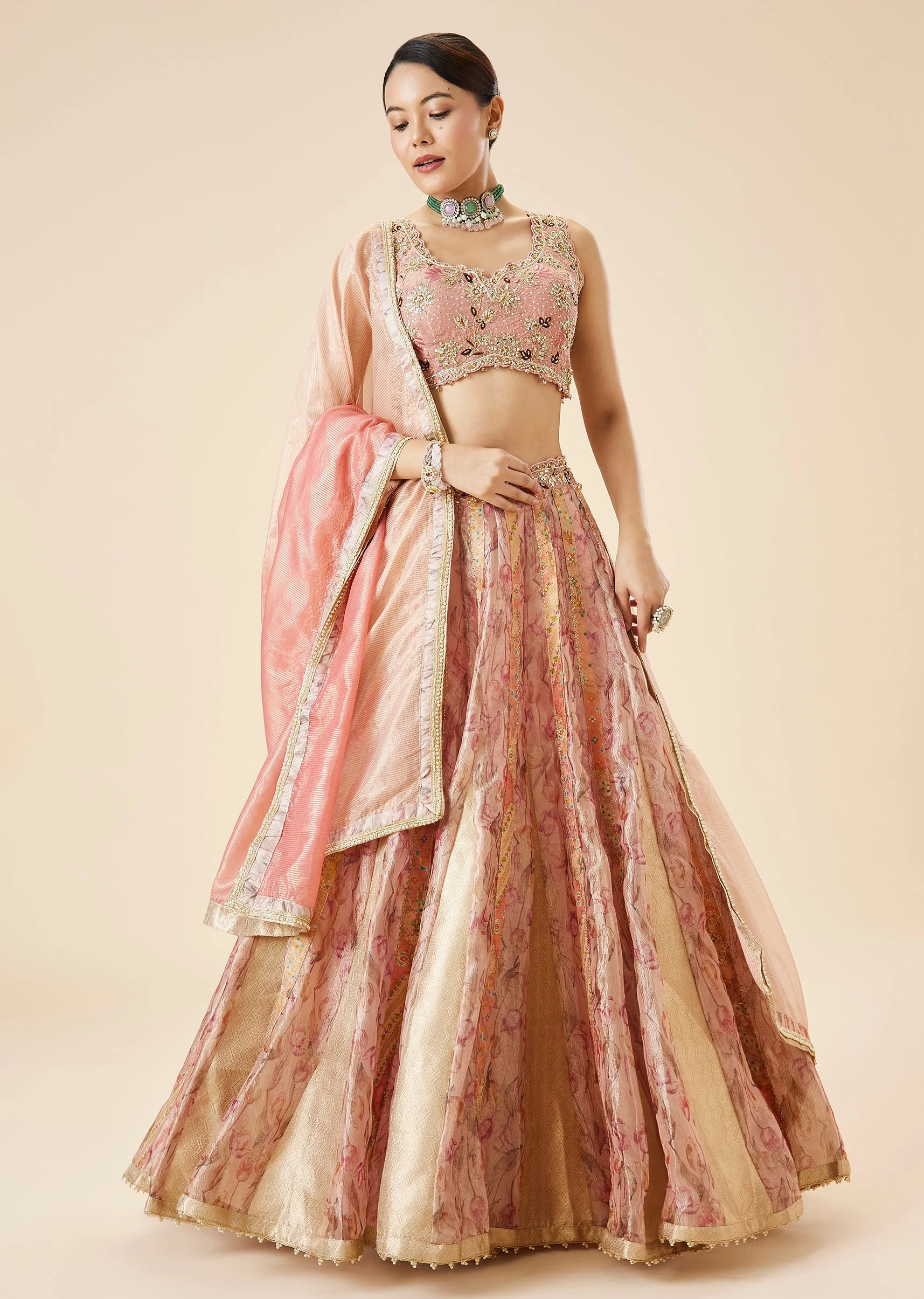 Peach Floral Printed And Embroidered Bridal Lehenga Set - Image 4