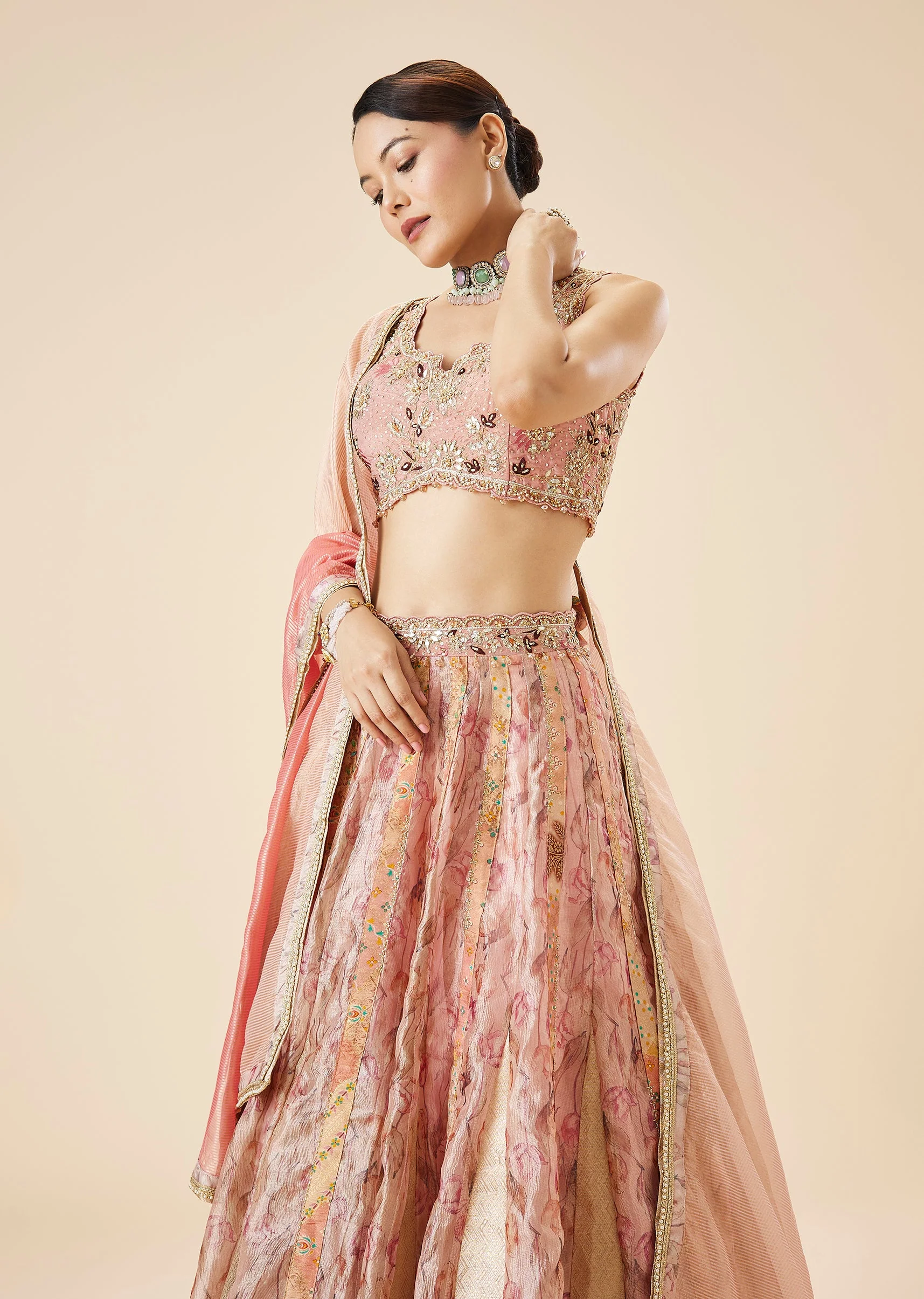 Peach Floral Printed And Embroidered Bridal Lehenga Set - Image 5