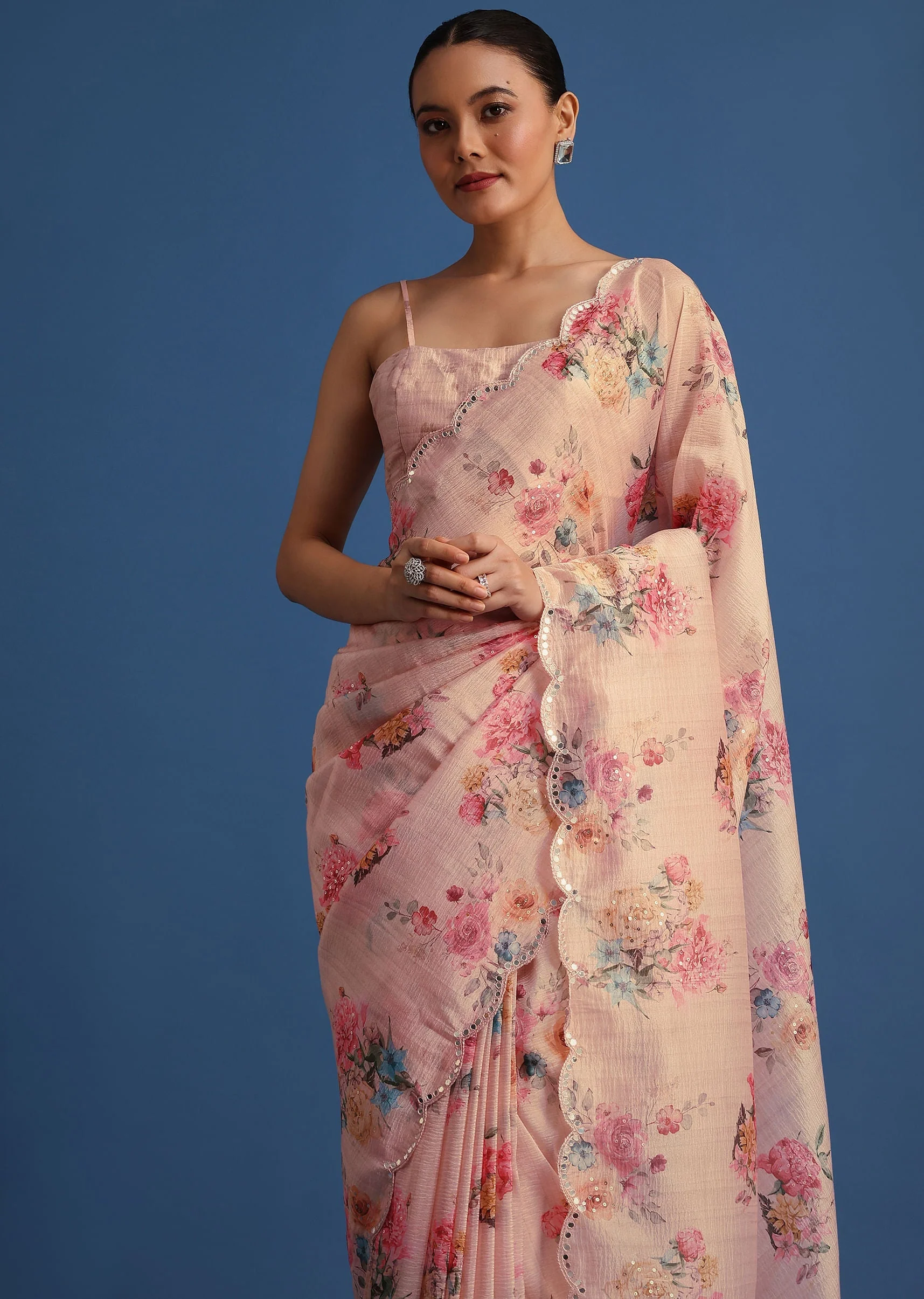 Peach Floral Printed Crushed Tissue Saree With Sequin And Mirror Work - Image 2