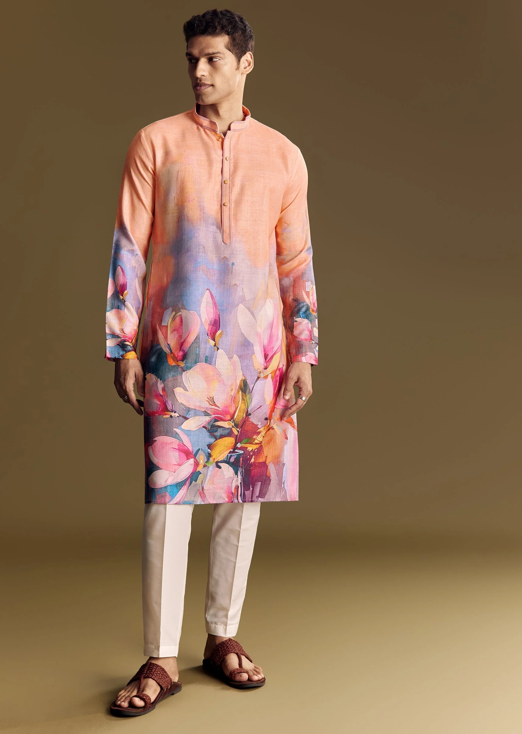 Peach Floral Printed Linen Kurta Set With Contemporary Styling - Image 3