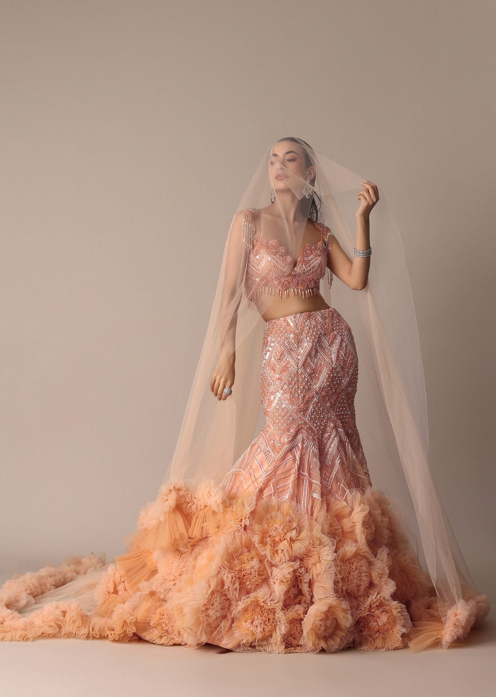 Peach Fish Cut Frill Lehenga Set With Trail Dupatta And Tassels - Image 2