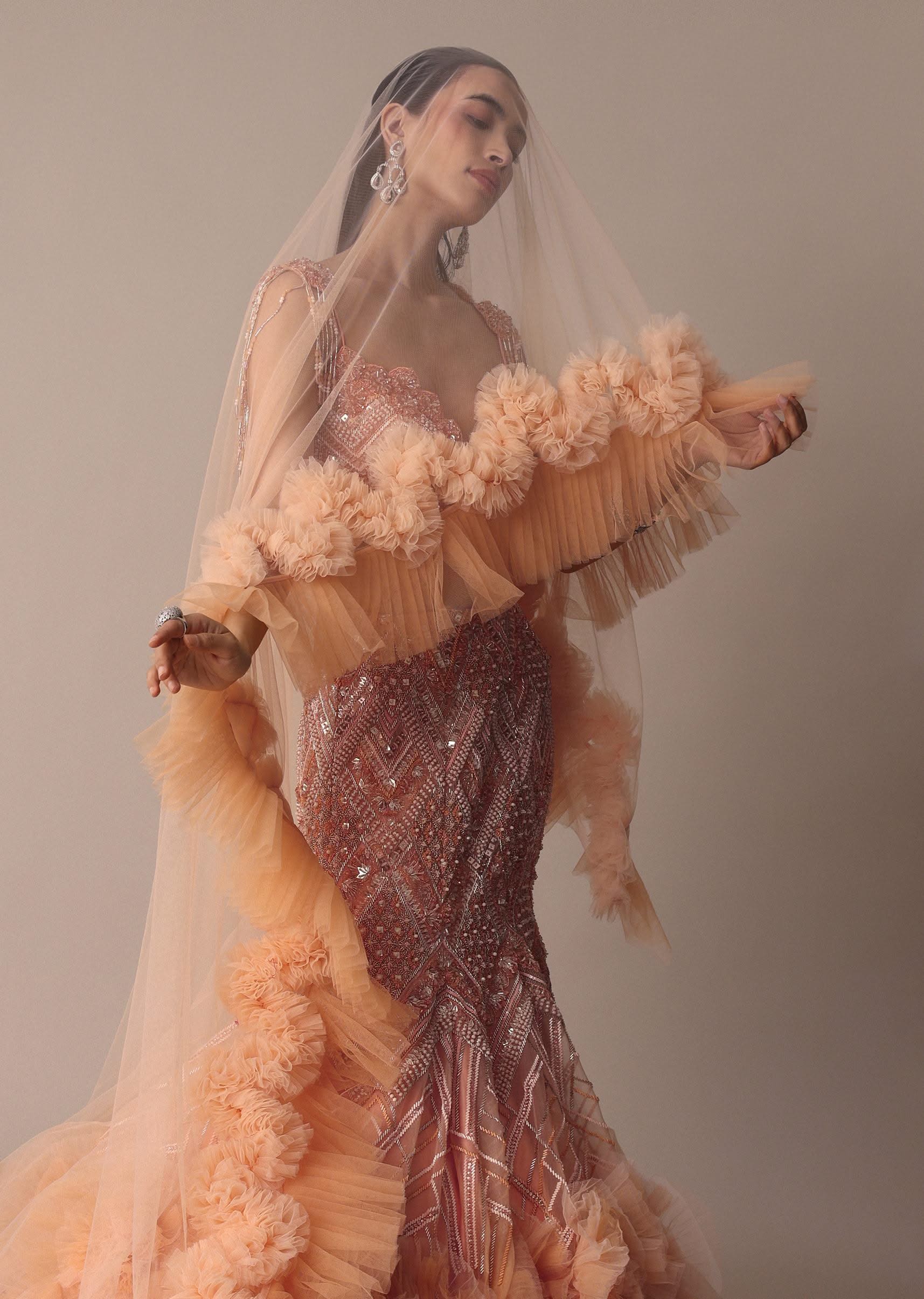 Peach Fish Cut Frill Lehenga Set With Trail Dupatta And Tassels - Image 4