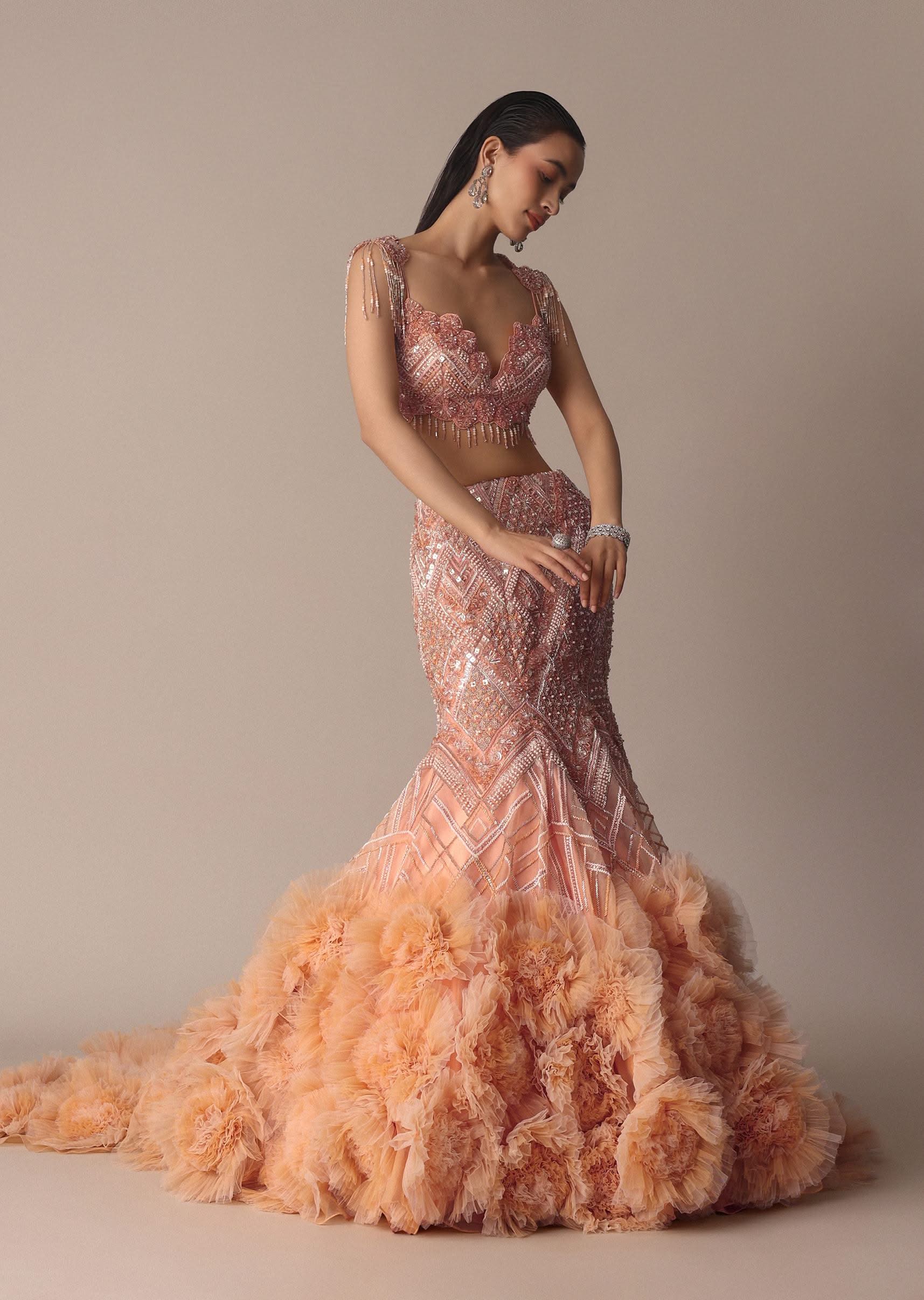 Peach Fish Cut Frill Lehenga Set With Trail Dupatta And Tassels - Image 5