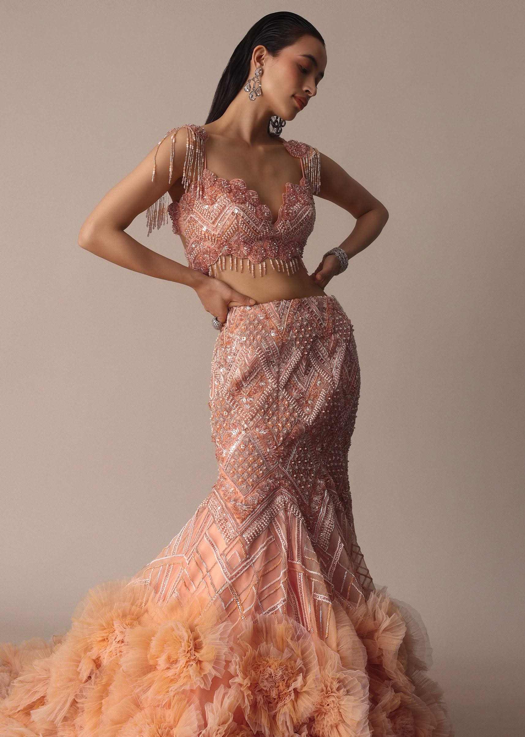 Peach Fish Cut Frill Lehenga Set With Trail Dupatta And Tassels - Image 7