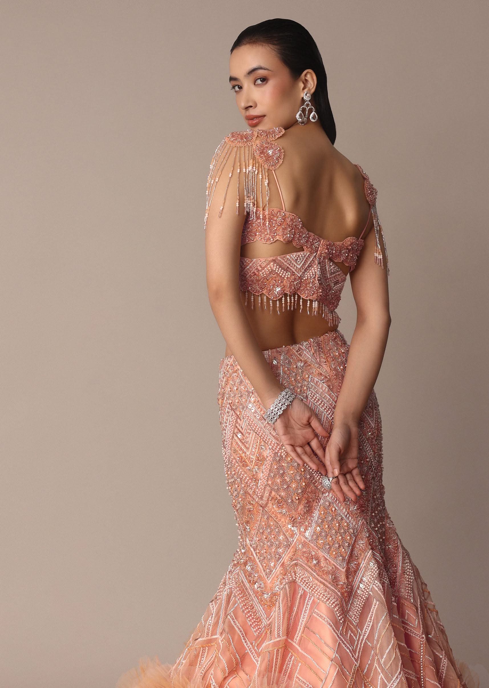 Peach Fish Cut Frill Lehenga Set With Trail Dupatta And Tassels - Image 8