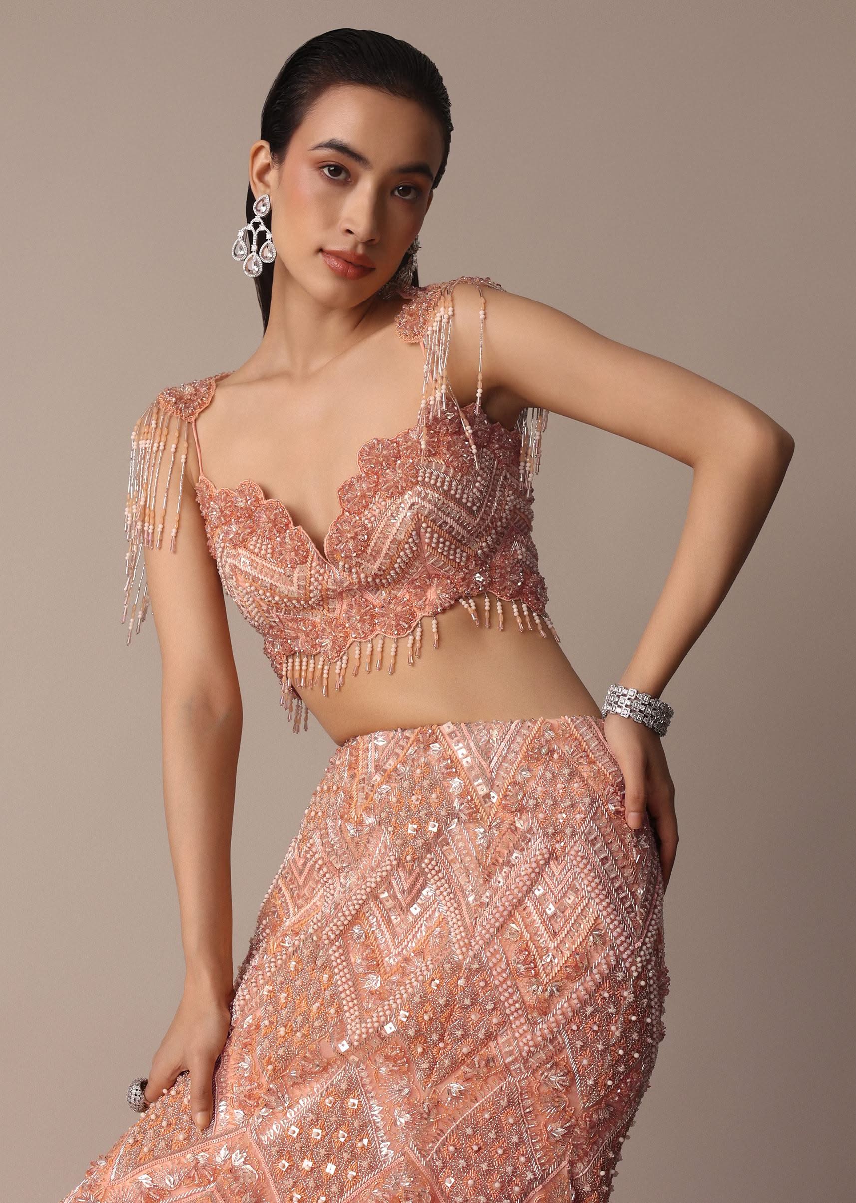 Peach Fish Cut Frill Lehenga Set With Trail Dupatta And Tassels - Image 9