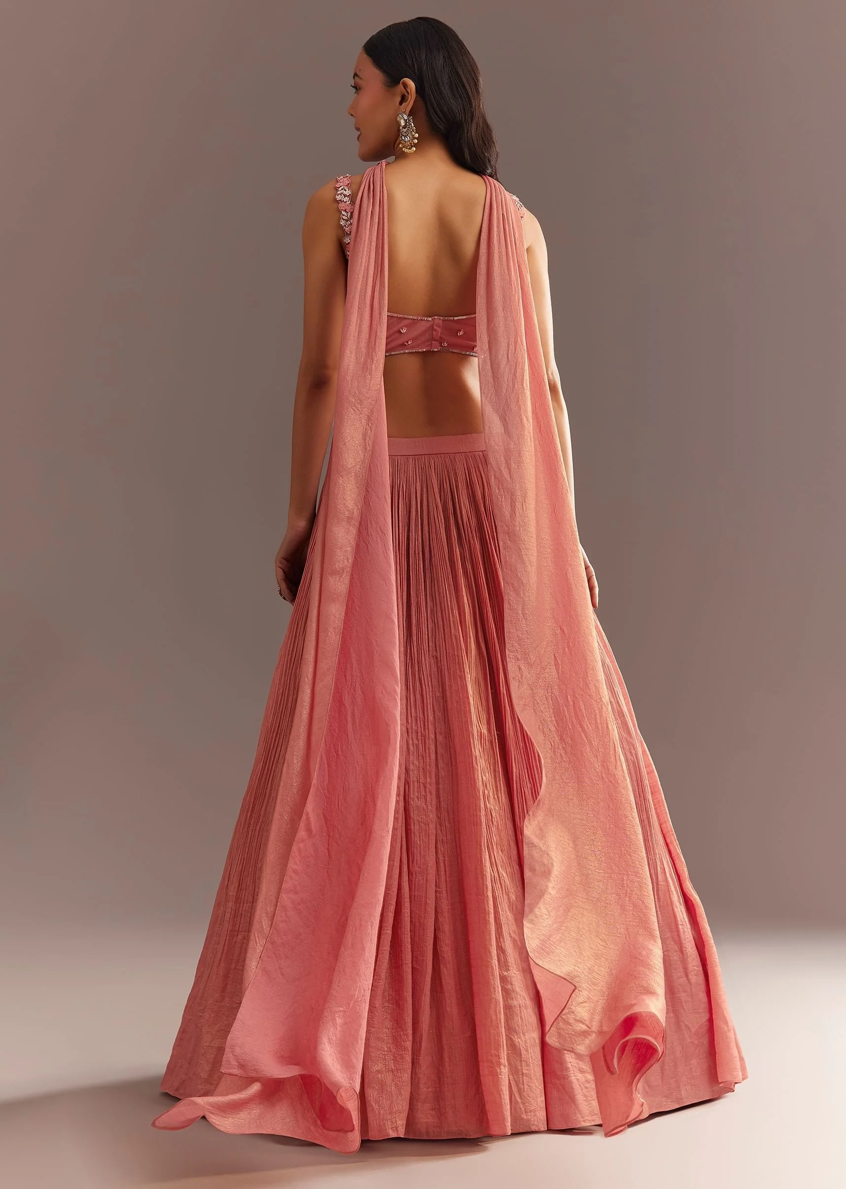 Peach French Tissue Lehenga Choli With Choker Dupatta - Image 5