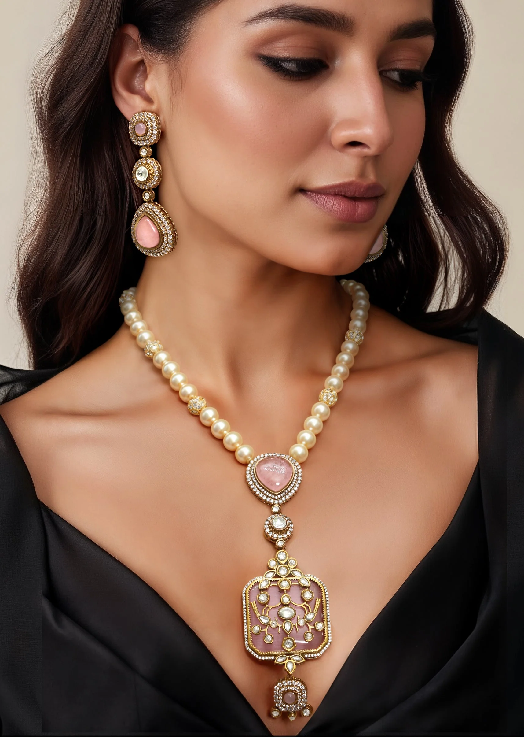 Peach Fusion Pendant Drop Necklace Set