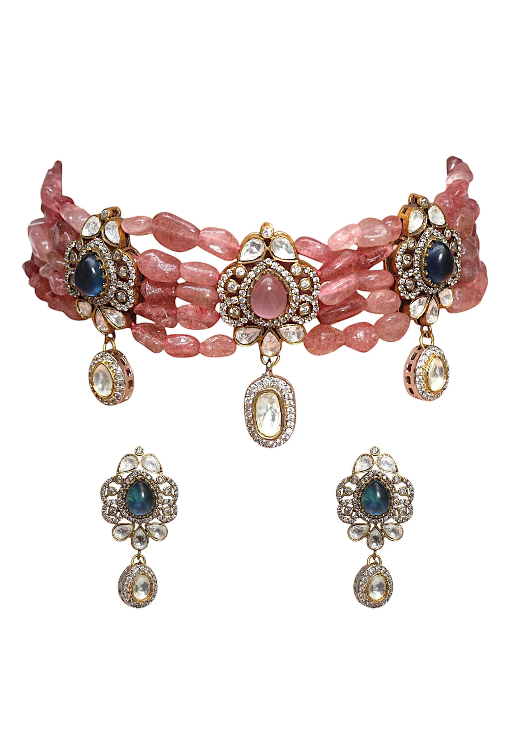 Peach Fusion Pendant Drop Stone Necklace Set - Image 2