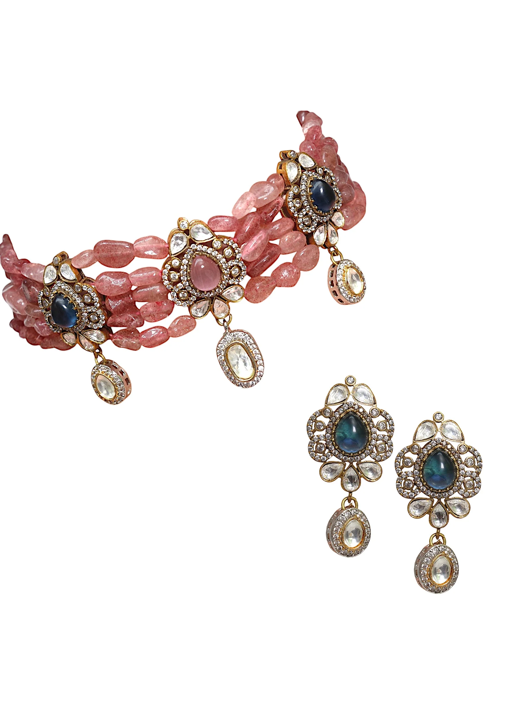 Peach Fusion Pendant Drop Stone Necklace Set - Image 3