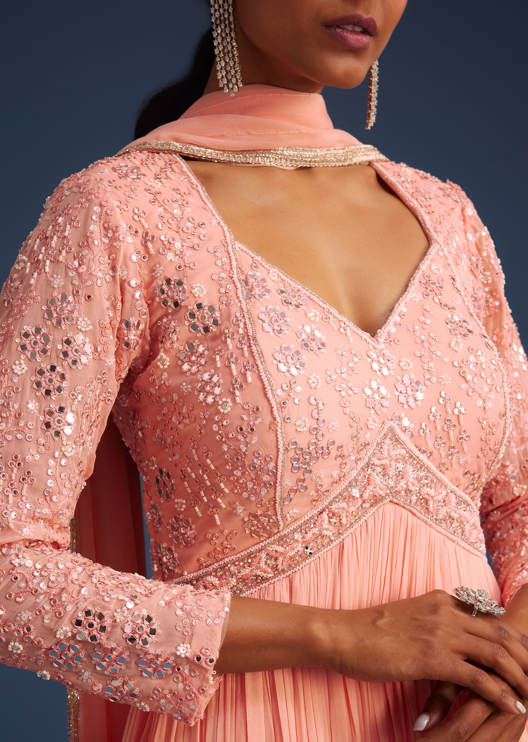 Peach Georgette Anarkali With Mirror And Sequin Work - Image 2