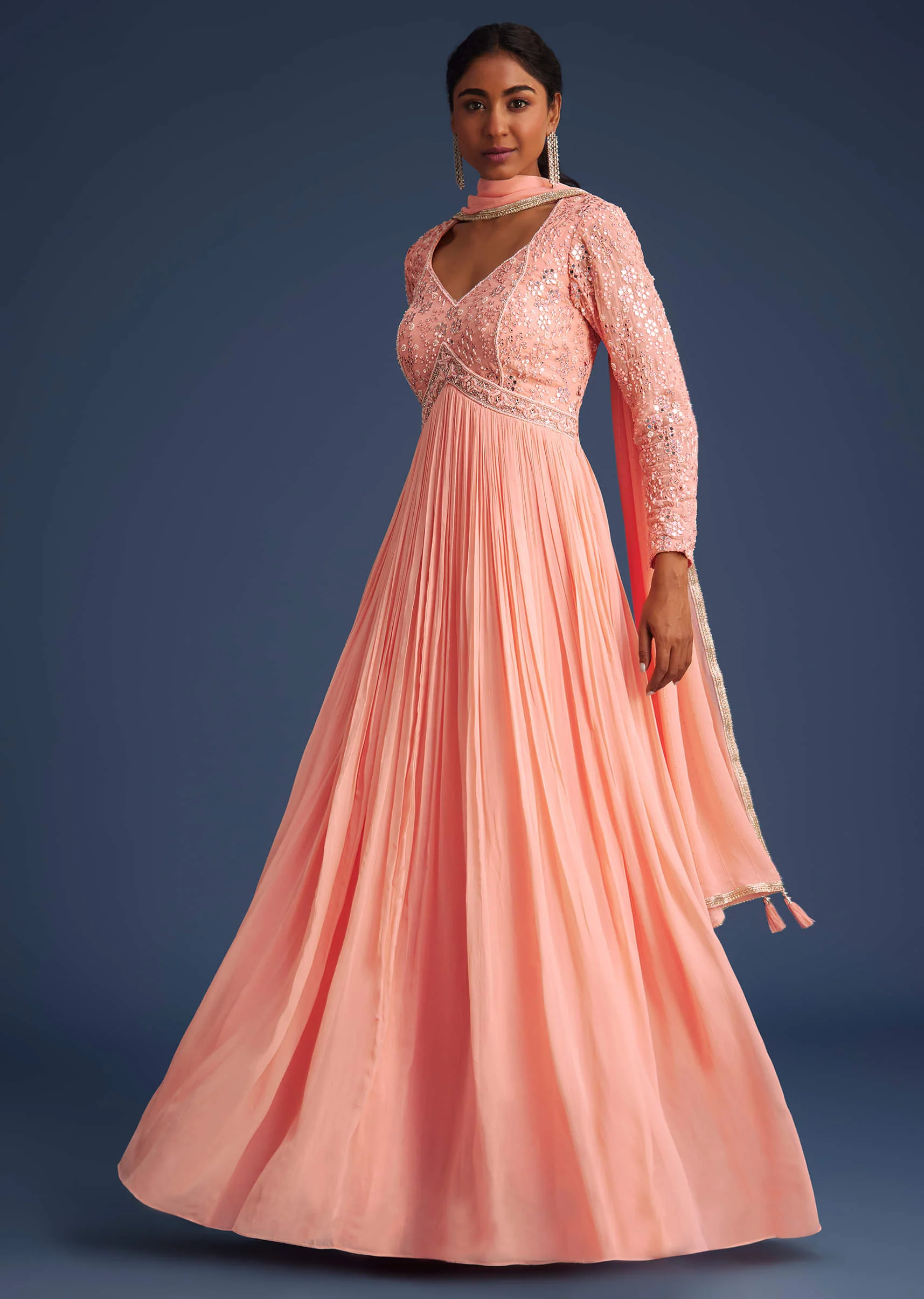 Peach Georgette Anarkali With Mirror And Sequin Work - Image 3