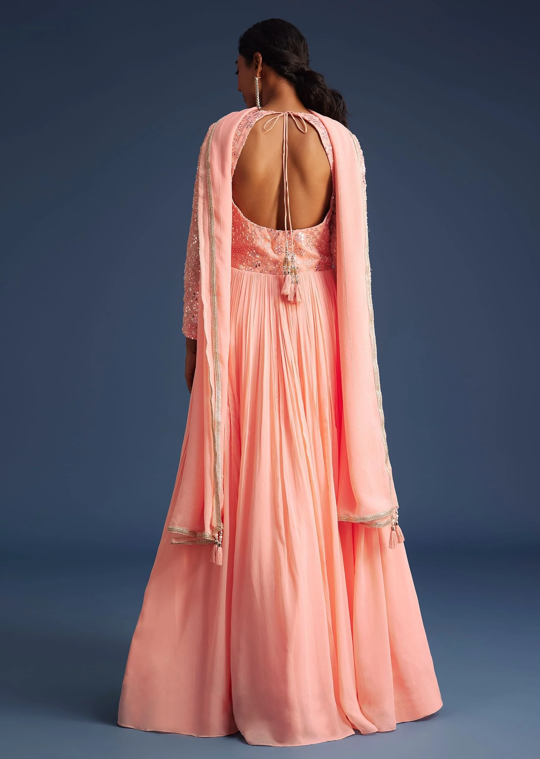 Peach Georgette Anarkali With Mirror And Sequin Work - Image 4