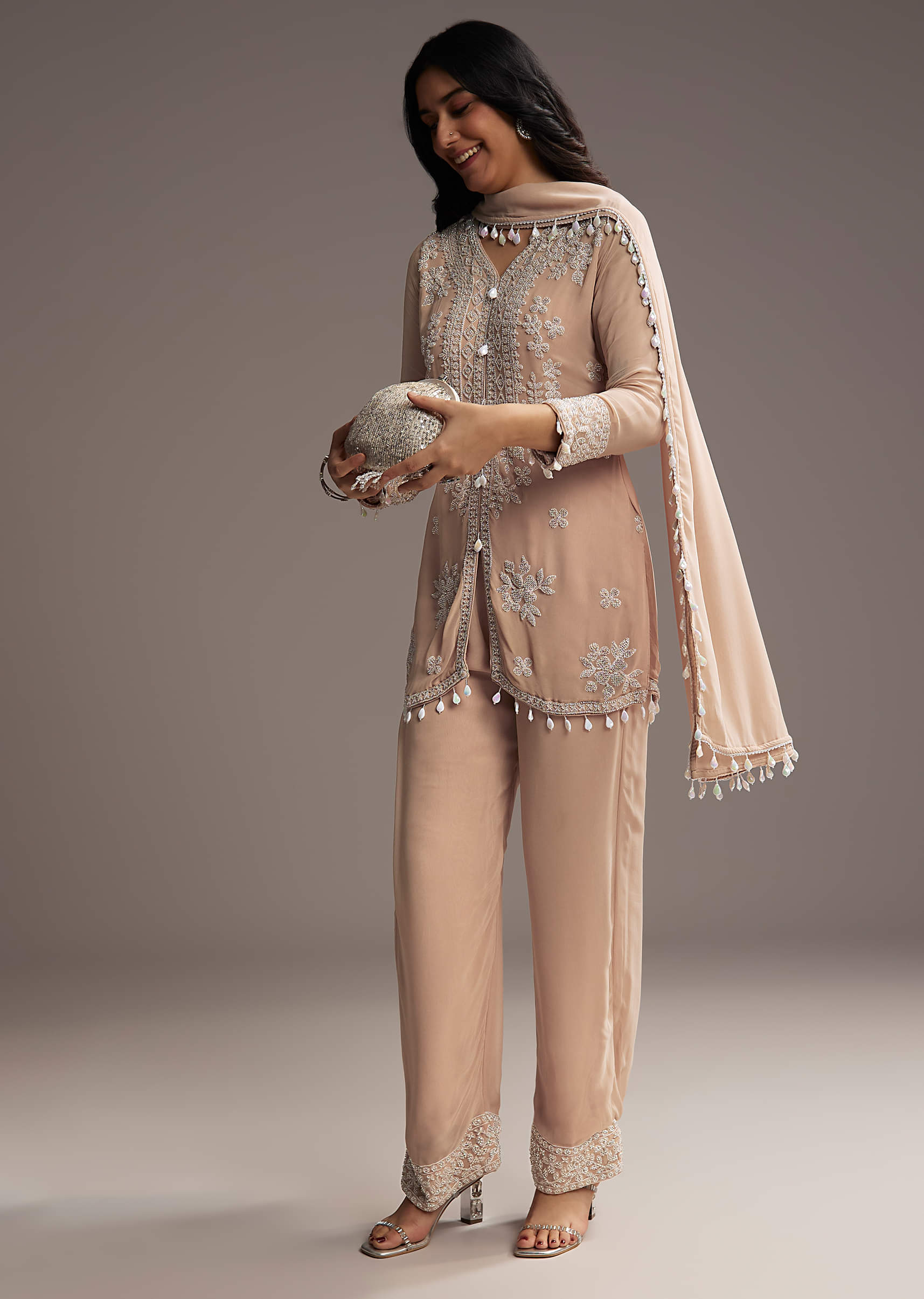 Peach Georgette Kurta Set With Beads Embroidery - Image 3