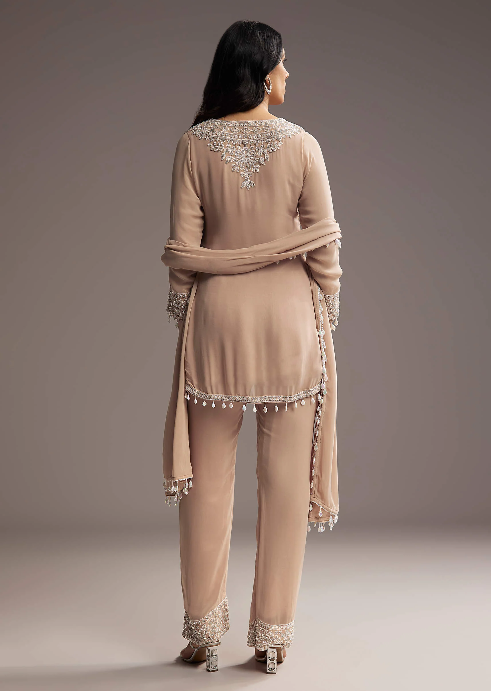 Peach Georgette Kurta Set With Beads Embroidery - Image 5