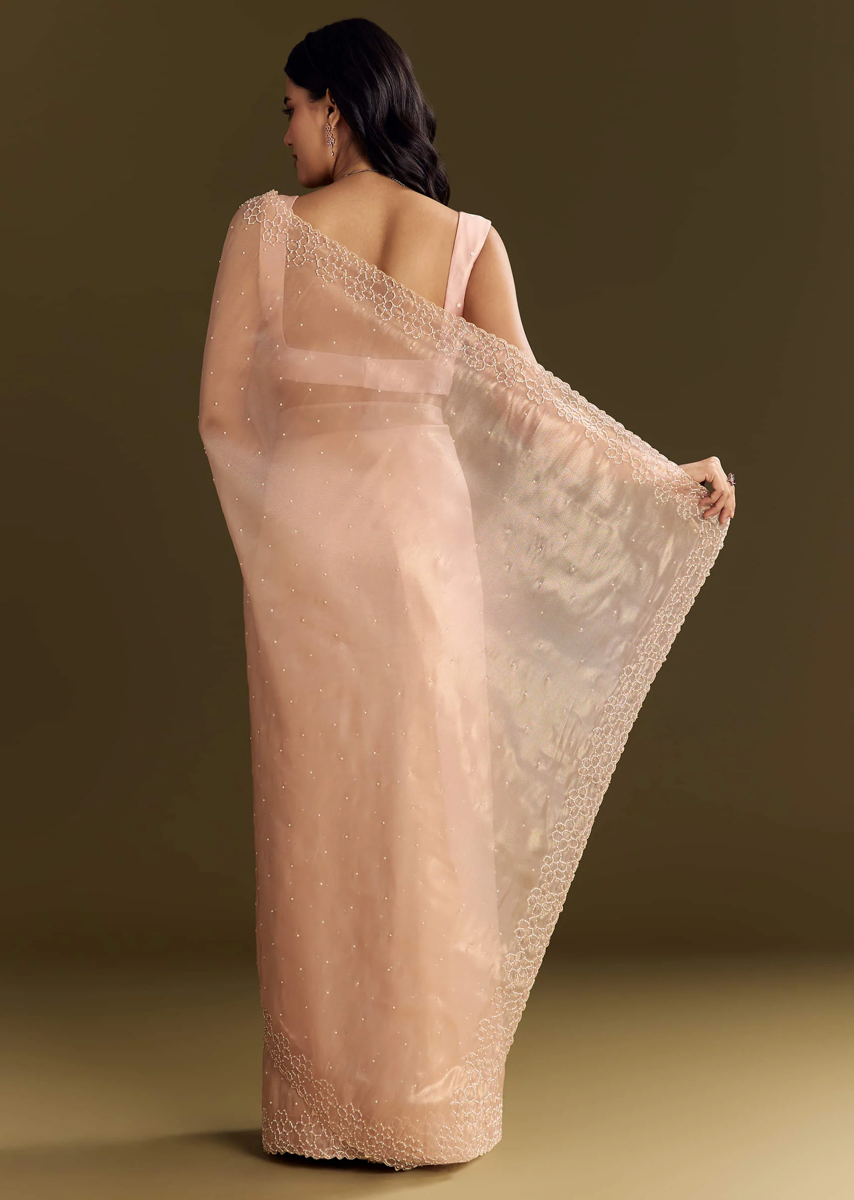 Peach Glass Tissue Saree With Cutdana And Beads Scallop Border - Image 4