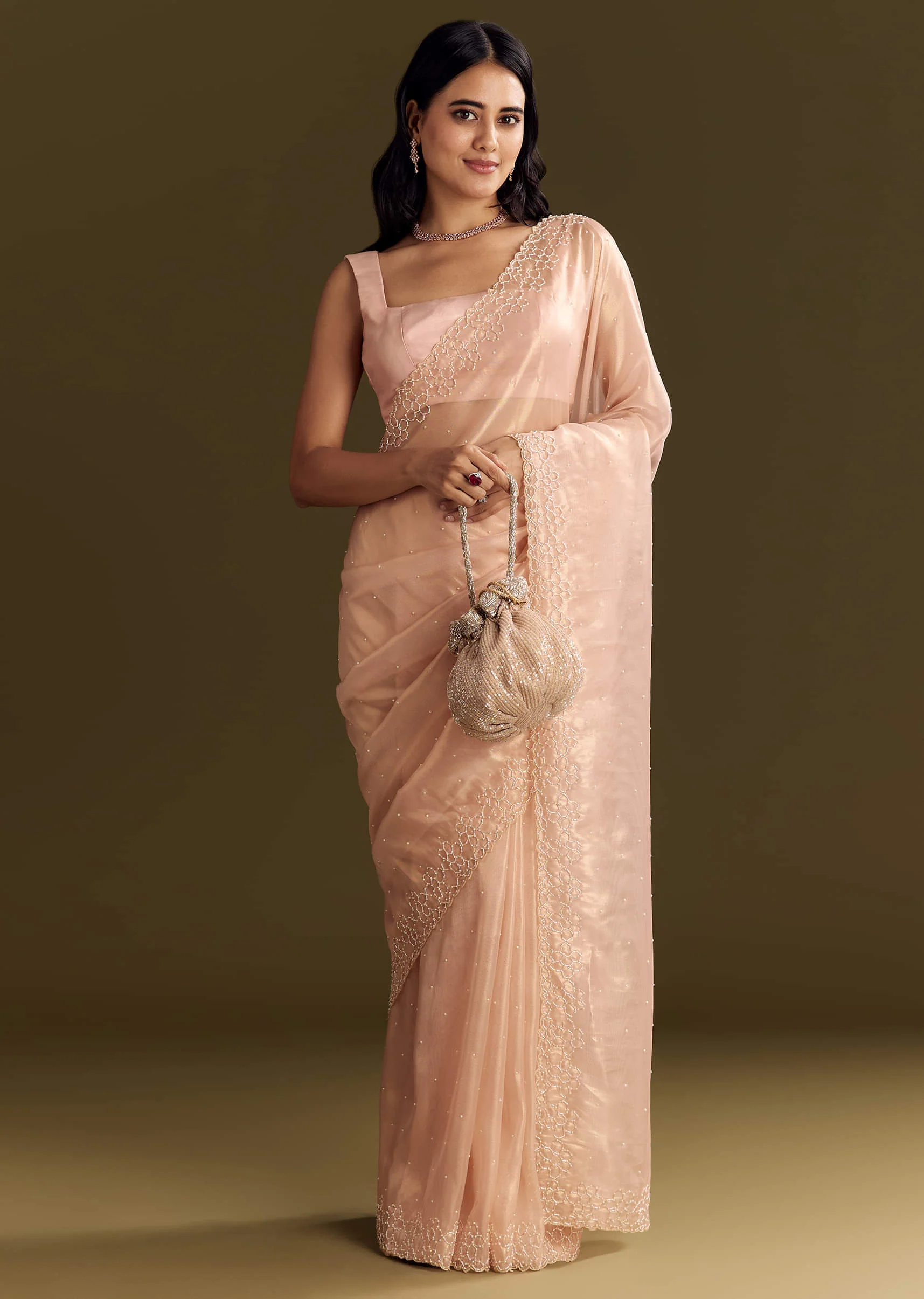 Peach Glass Tissue Saree With Cutdana And Beads Scallop Border - Image 5