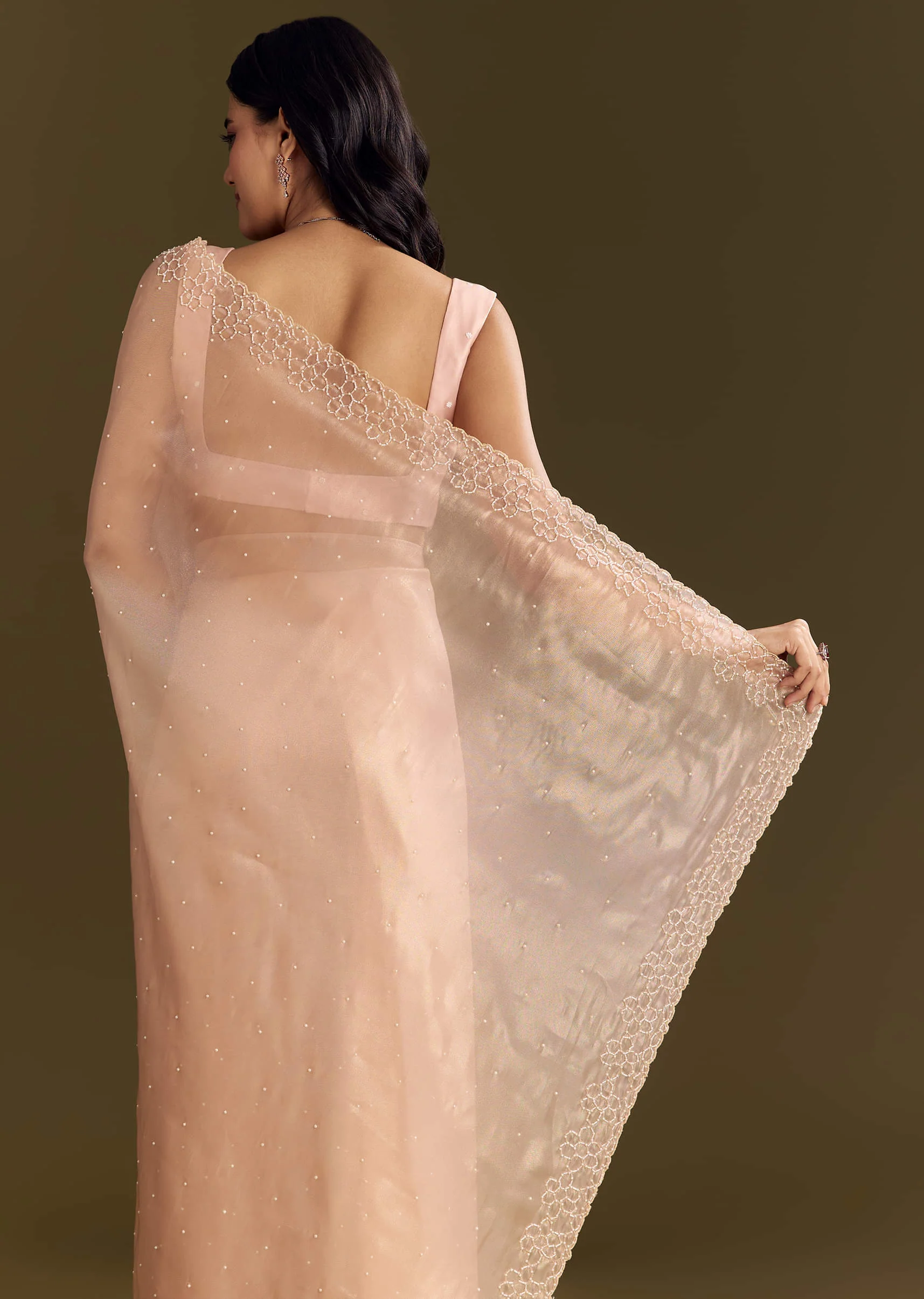 Peach Glass Tissue Saree With Cutdana And Beads Scallop Border - Image 6