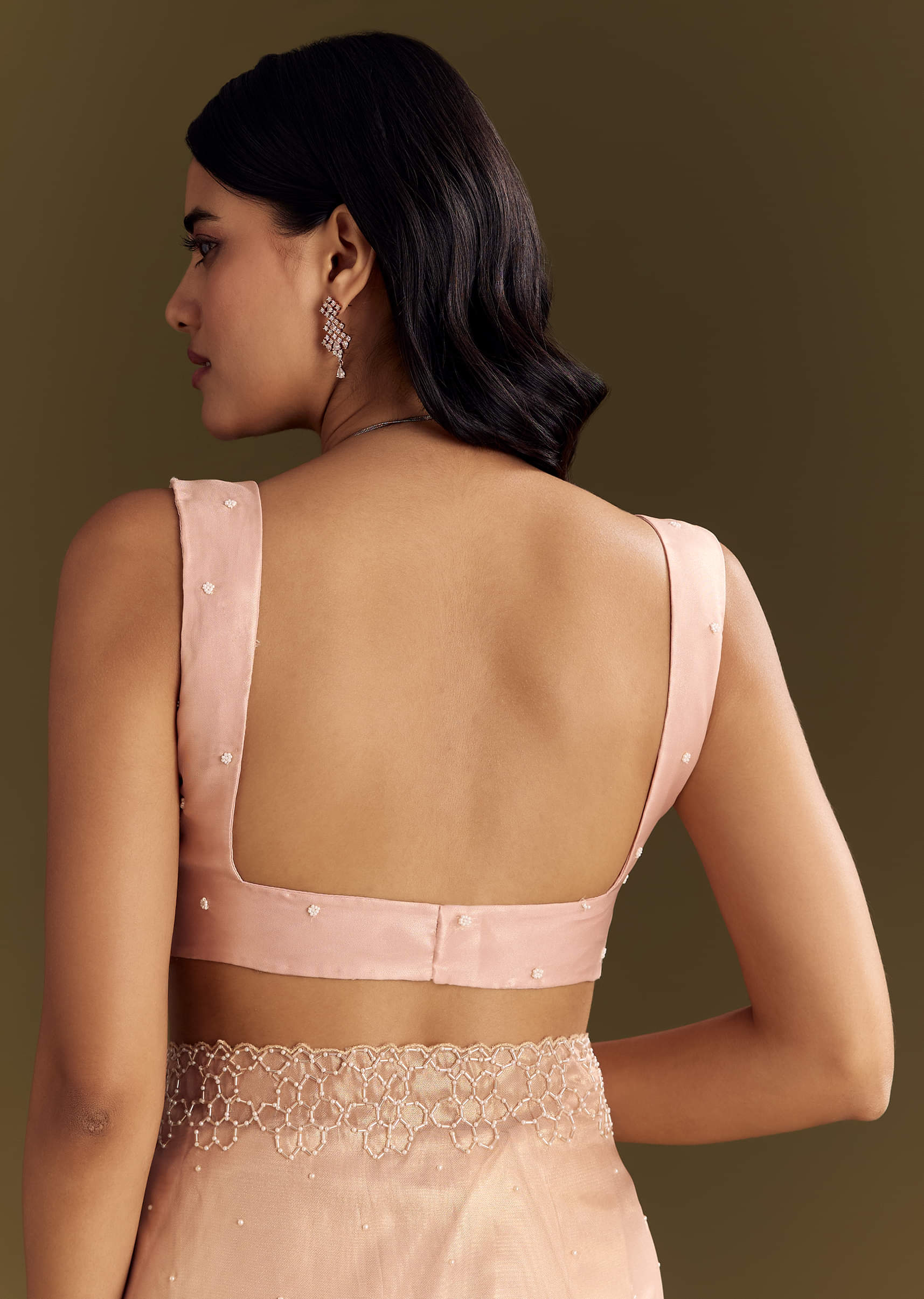 Peach Glass Tissue Saree With Cutdana And Beads Scallop Border - Image 8