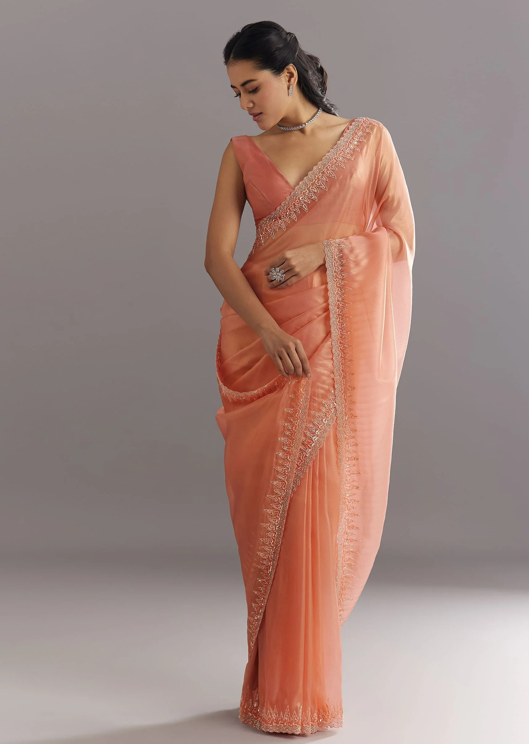 Peach Glass Tissue Saree With Cutdana Sequins Embroidery And Cutwork Scallop Border - Image 3