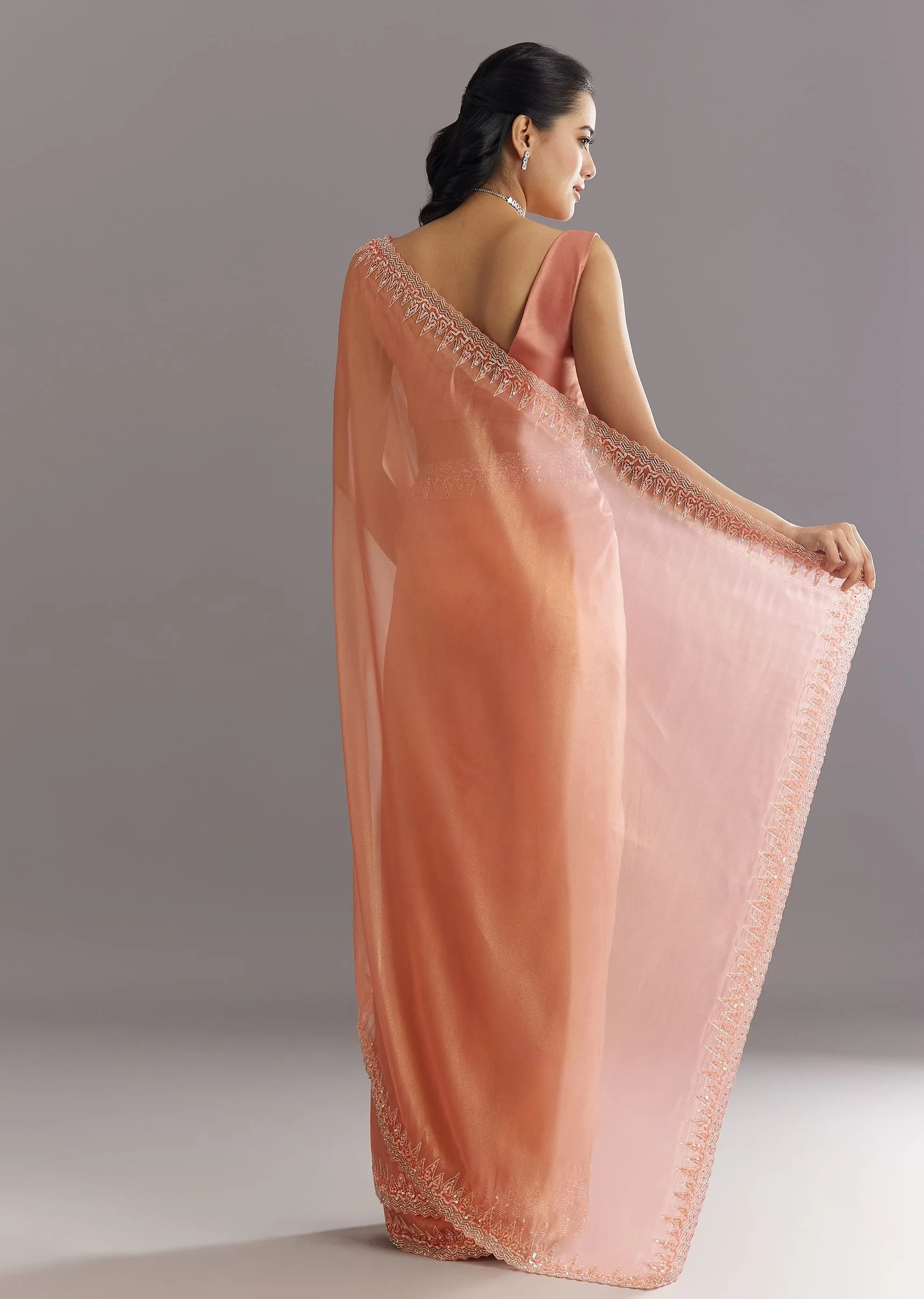 Peach Glass Tissue Saree With Cutdana Sequins Embroidery And Cutwork Scallop Border - Image 4
