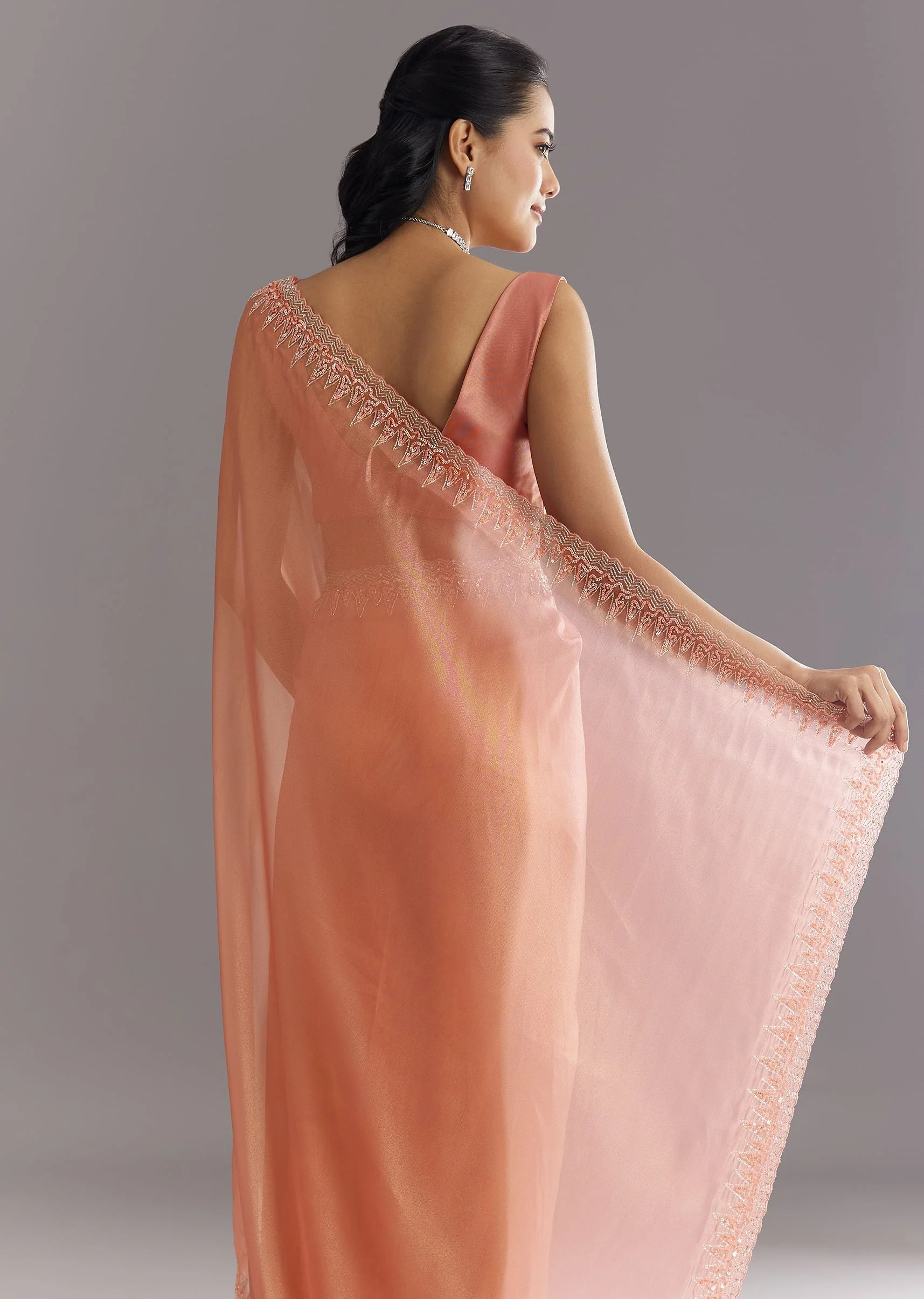 Peach Glass Tissue Saree With Cutdana Sequins Embroidery And Cutwork Scallop Border - Image 6