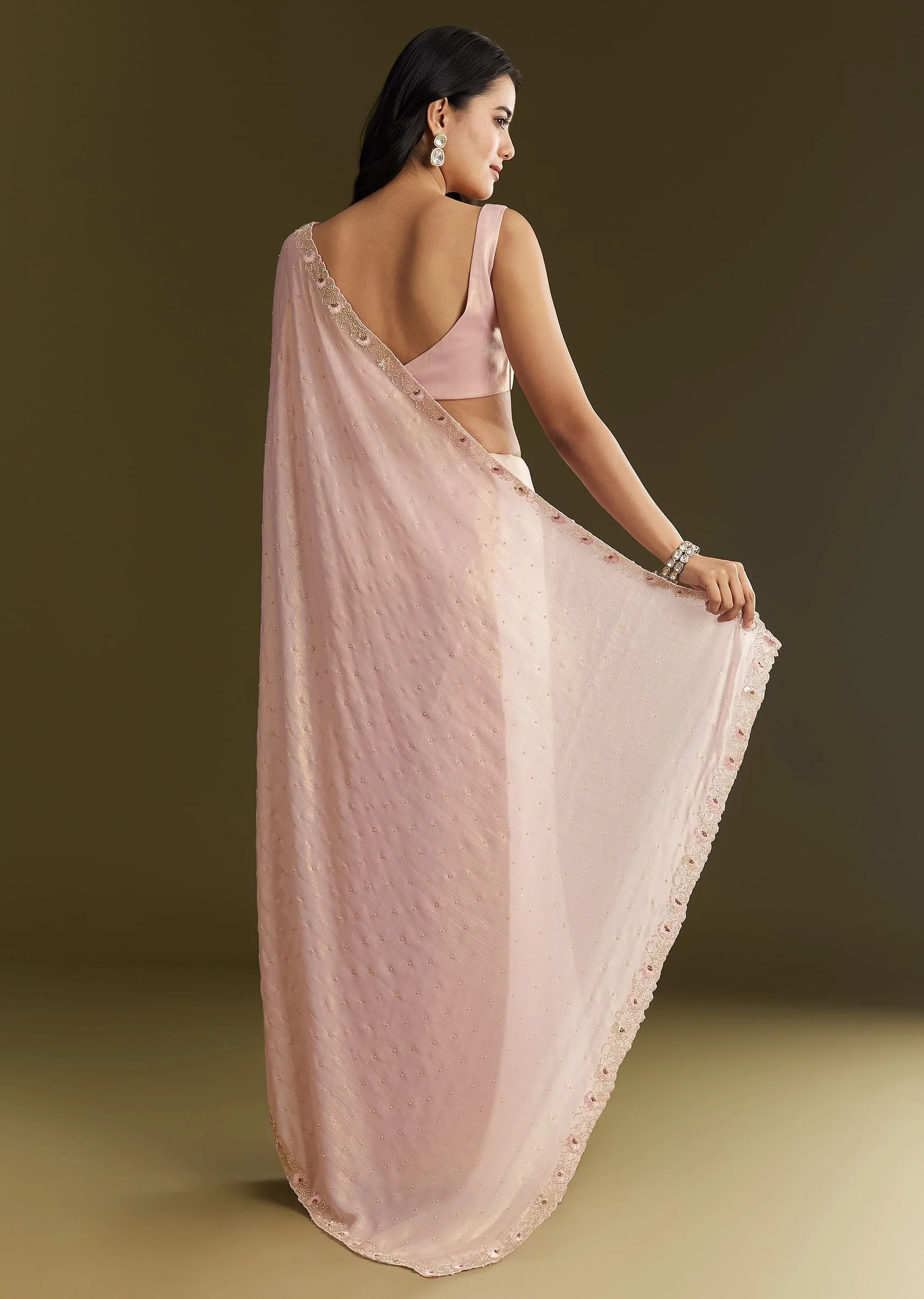 Peach Glass Tissue Saree With Moti Cutdana And Sequins Embroidery And Scallop Border - Image 4