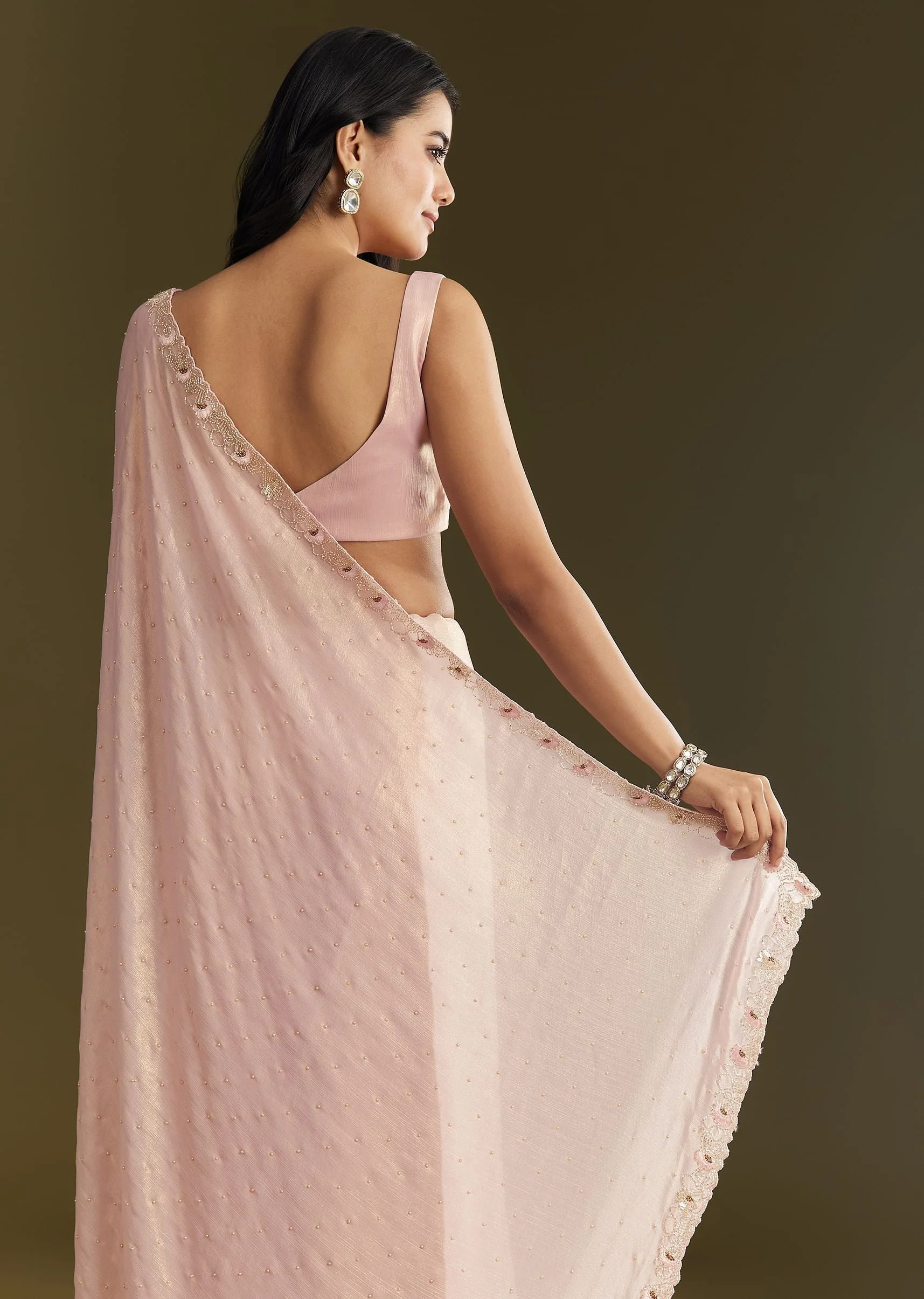 Peach Glass Tissue Saree With Moti Cutdana And Sequins Embroidery And Scallop Border - Image 6