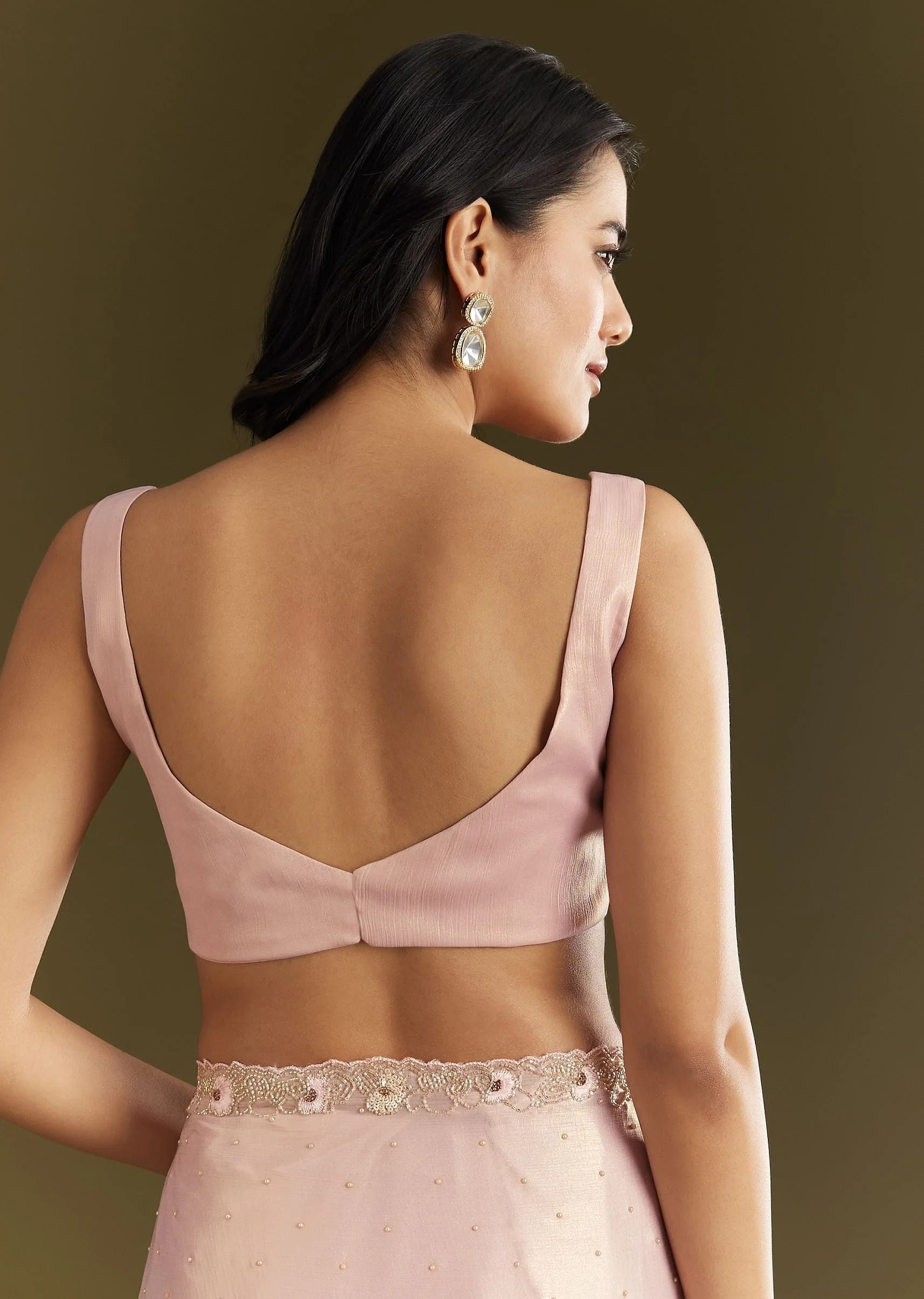 Peach Glass Tissue Saree With Moti Cutdana And Sequins Embroidery And Scallop Border - Image 8