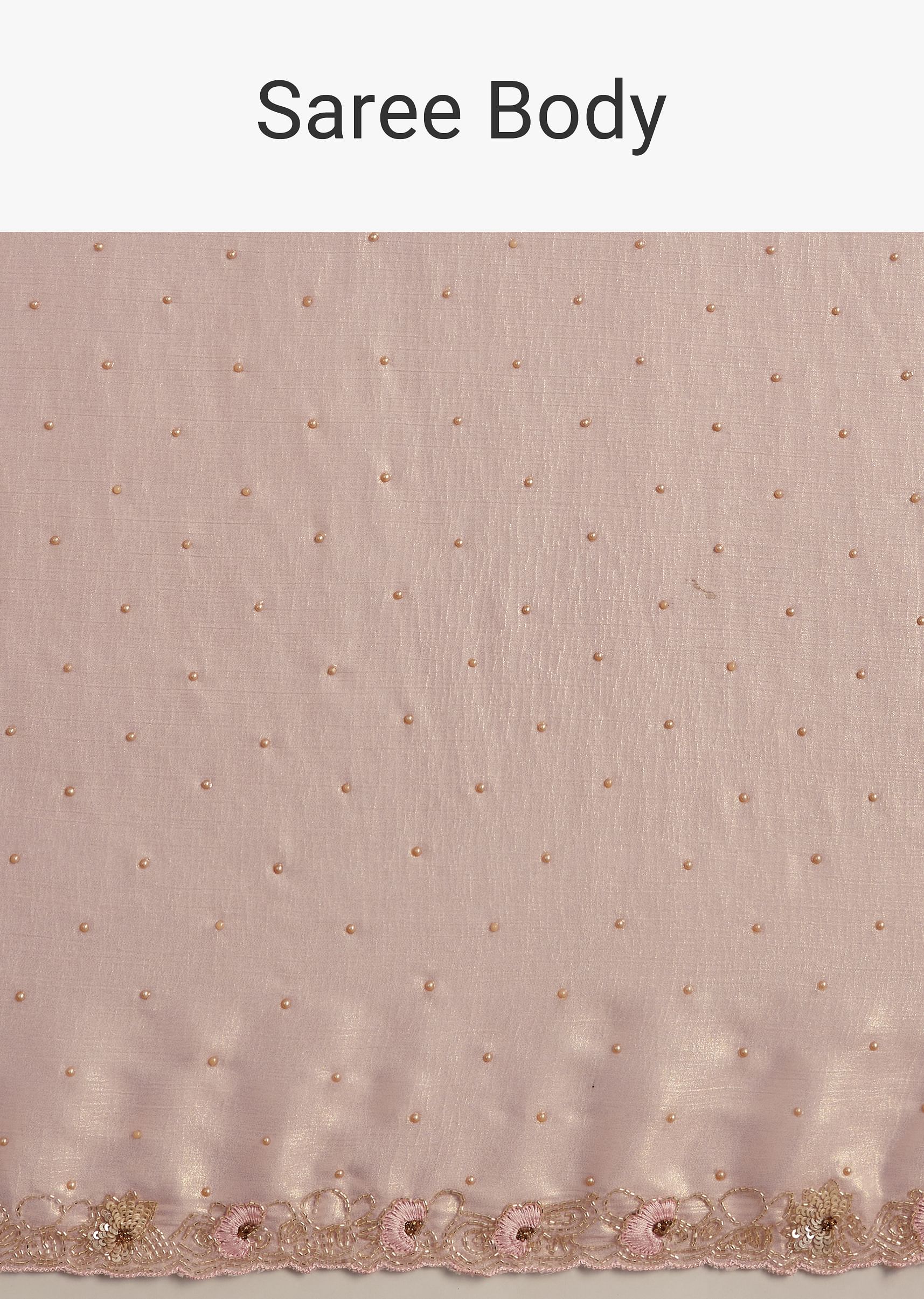 Peach Glass Tissue Saree With Moti Cutdana And Sequins Embroidery And Scallop Border - Image 9