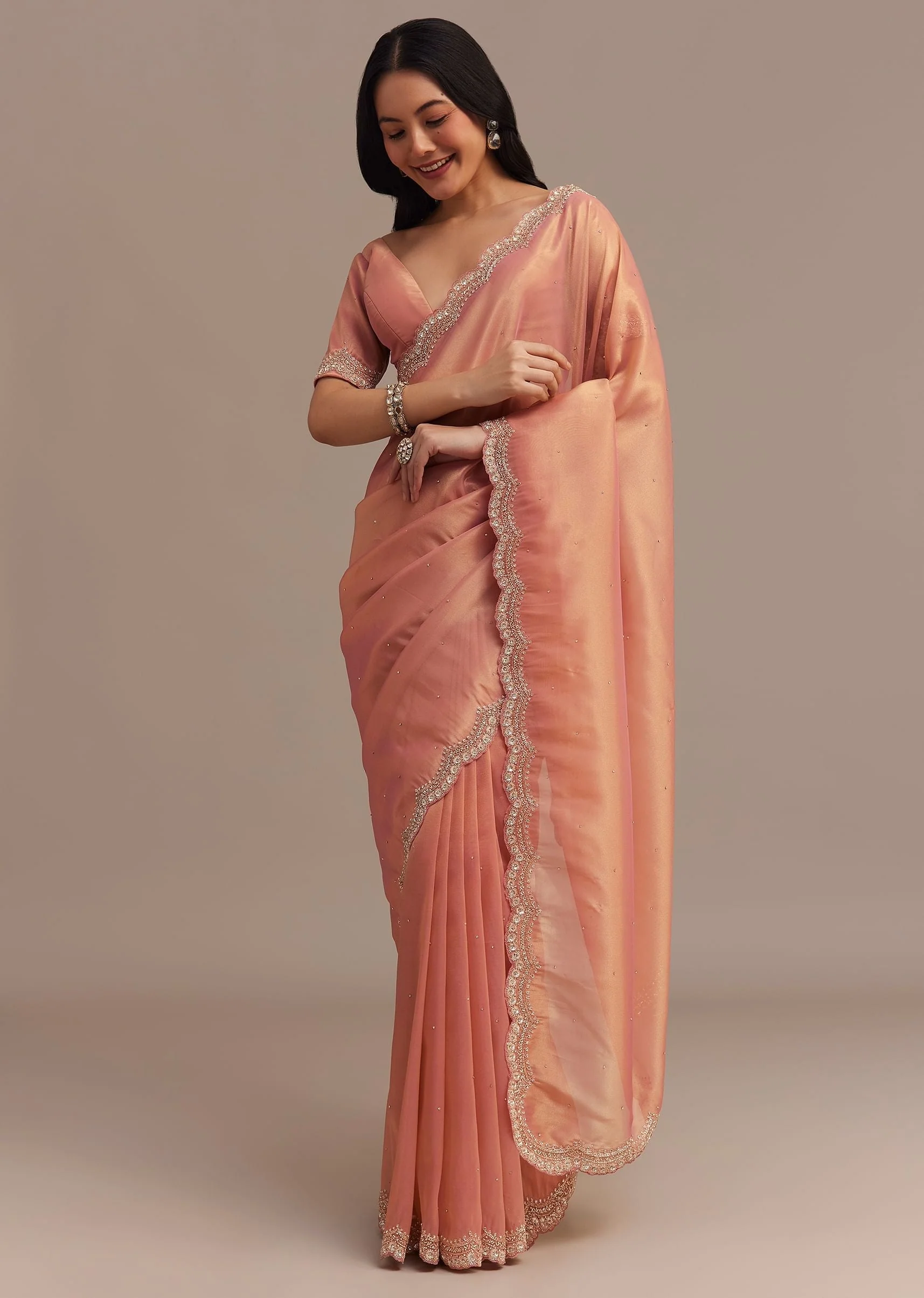 Peach Glass Tissue Saree With Stone And Cutdana Embroidery - Image 2
