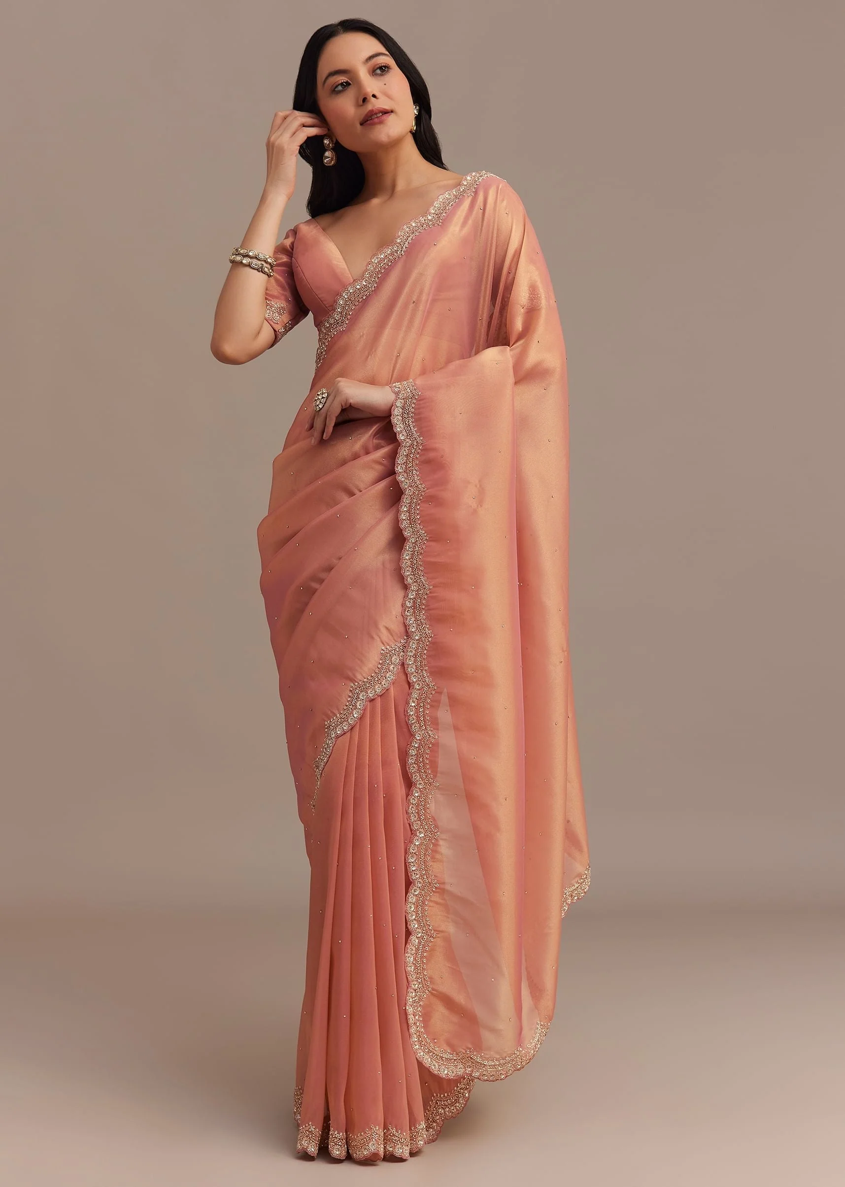 Peach Glass Tissue Saree With Stone And Cutdana Embroidery - Image 5