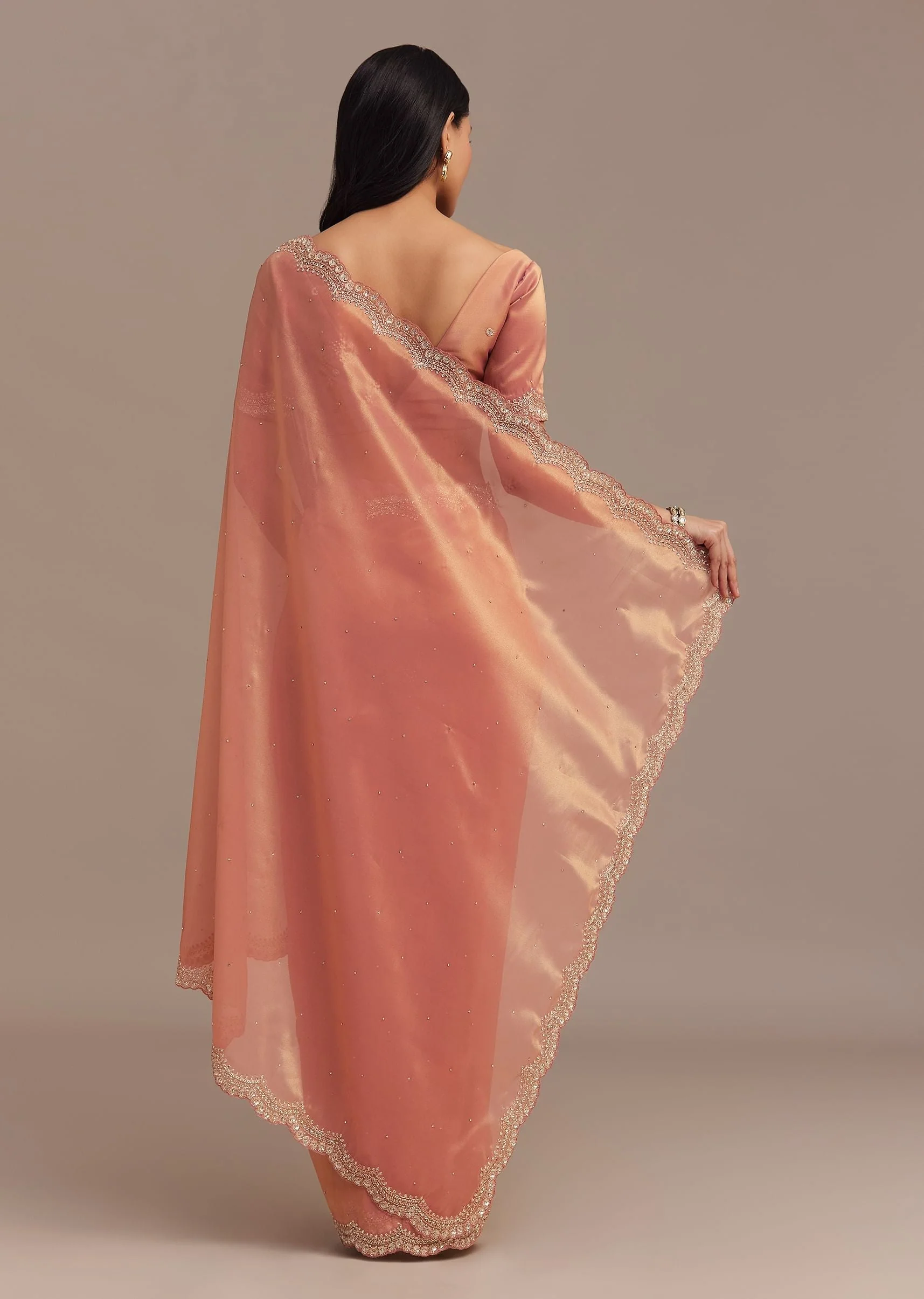 Peach Glass Tissue Saree With Stone And Cutdana Embroidery - Image 6
