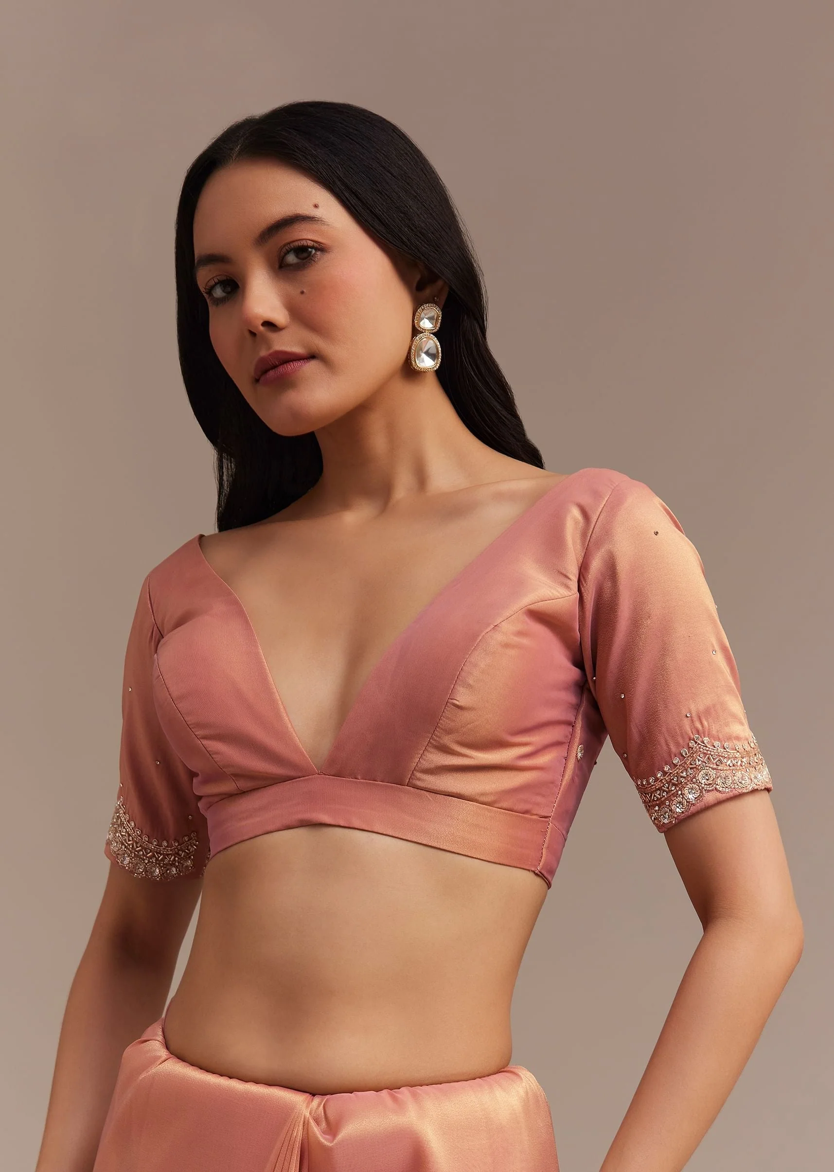 Peach Glass Tissue Saree With Stone And Cutdana Embroidery - Image 7