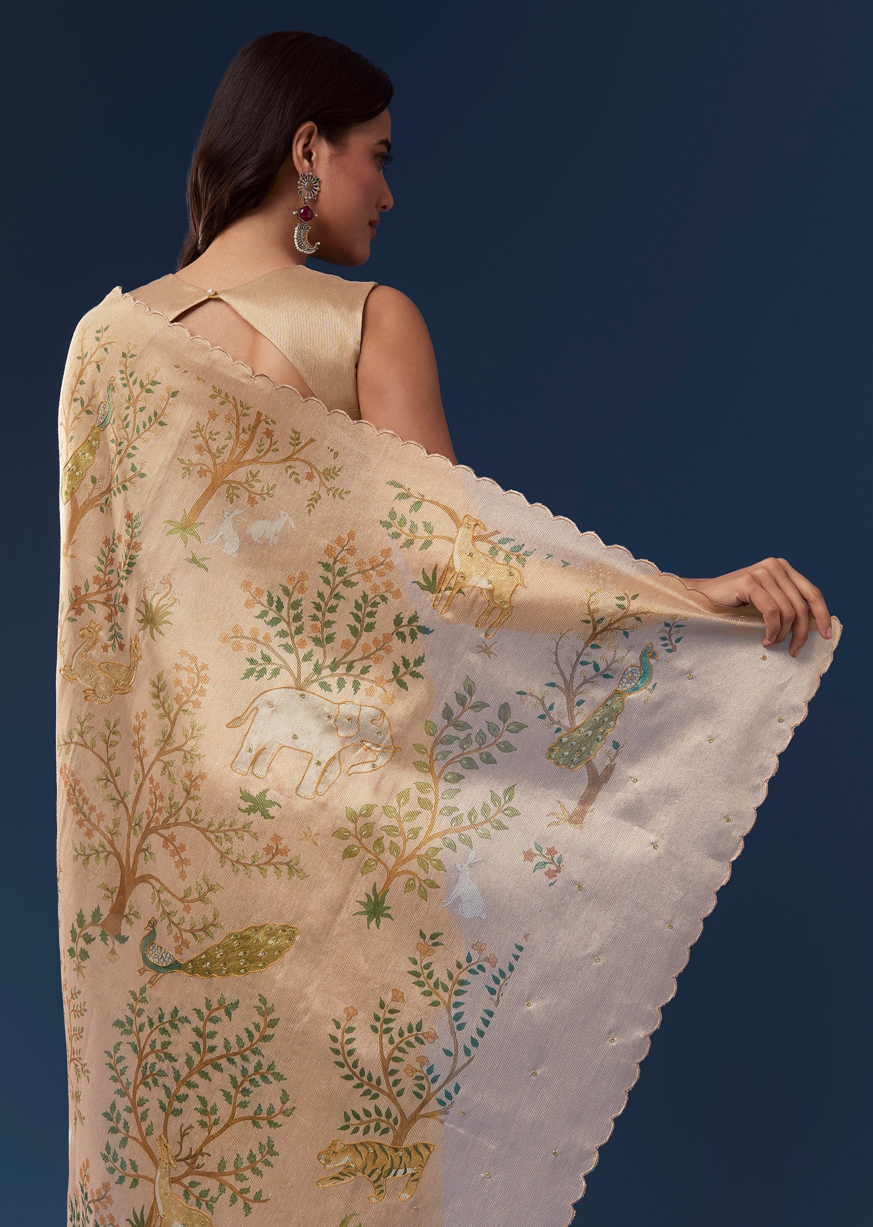 Peach Gold Tussar Saree With Scallop Border And Thread Work Motifs - Image 6