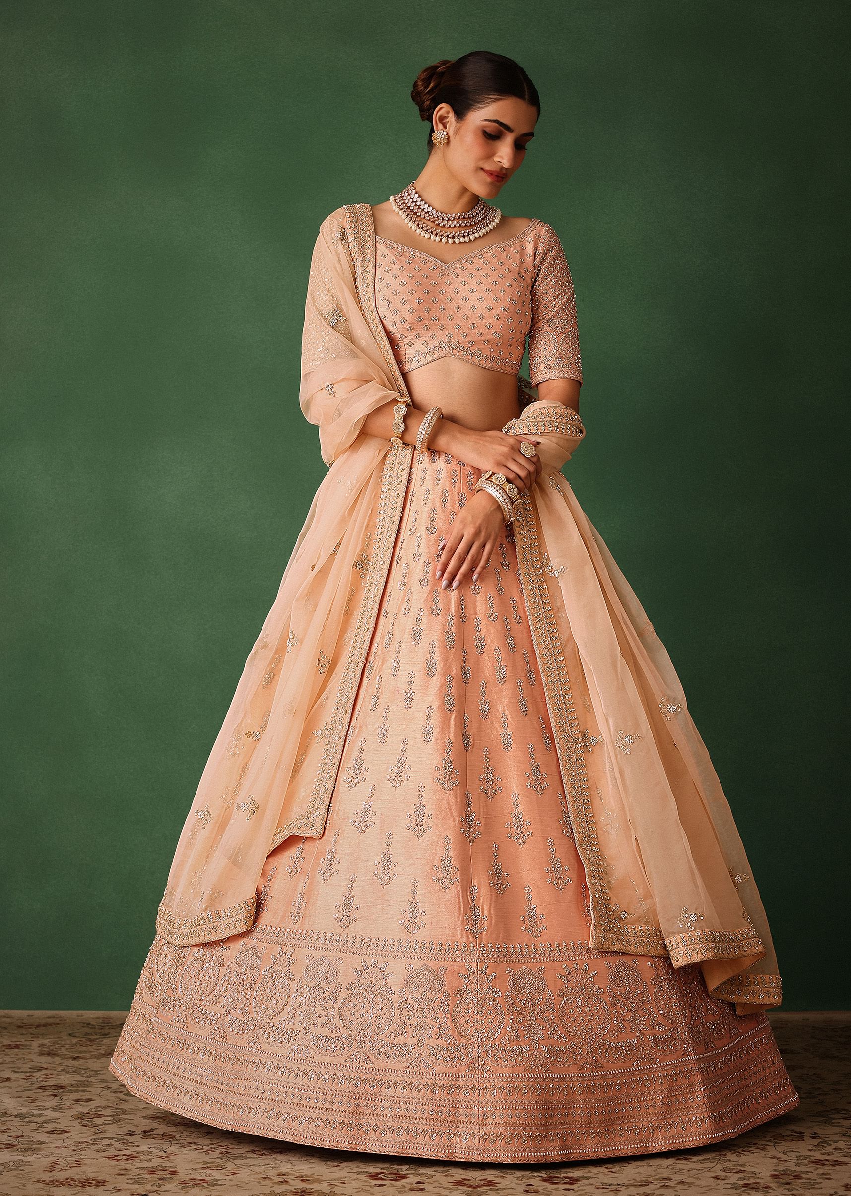Peach Hand Embroidered Raw Silk Lehenga Set With Butti Work - Image 3